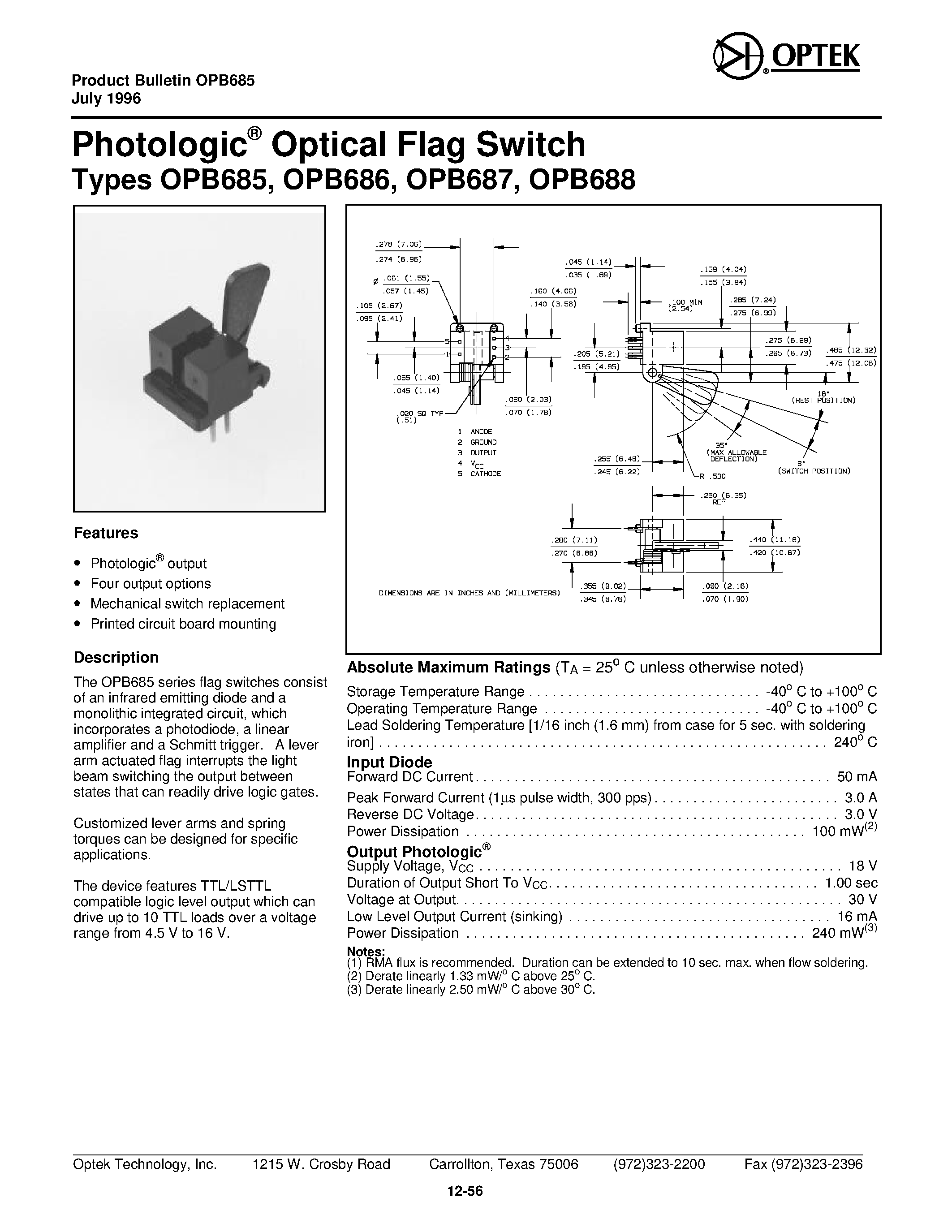 Datasheet OPB688 page 1 Datasheet OPB688 - Photologic Optical Flag Switch page 1