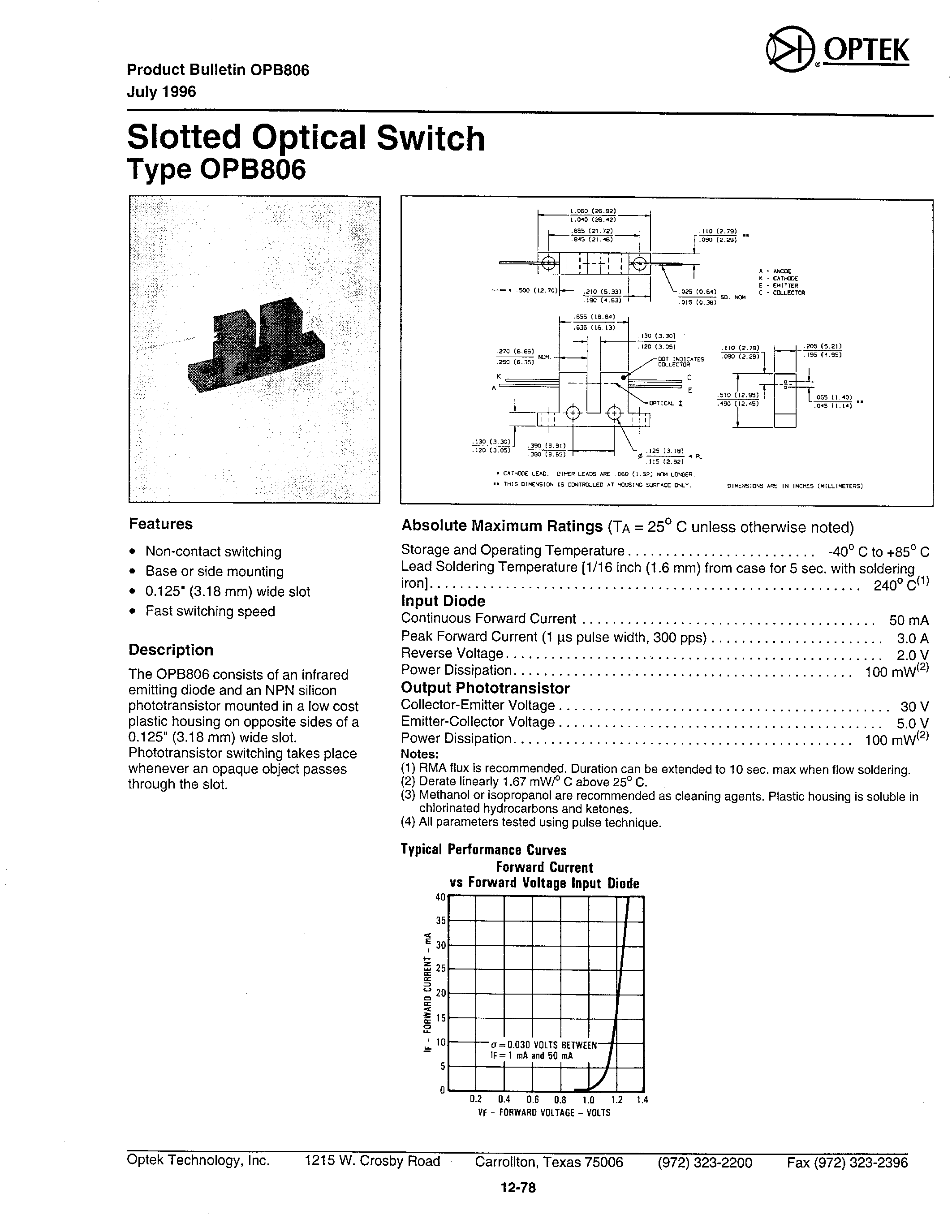 Datasheet OPB806 page 1 Datasheet OPB806 - Slotted Optical Switch page 1