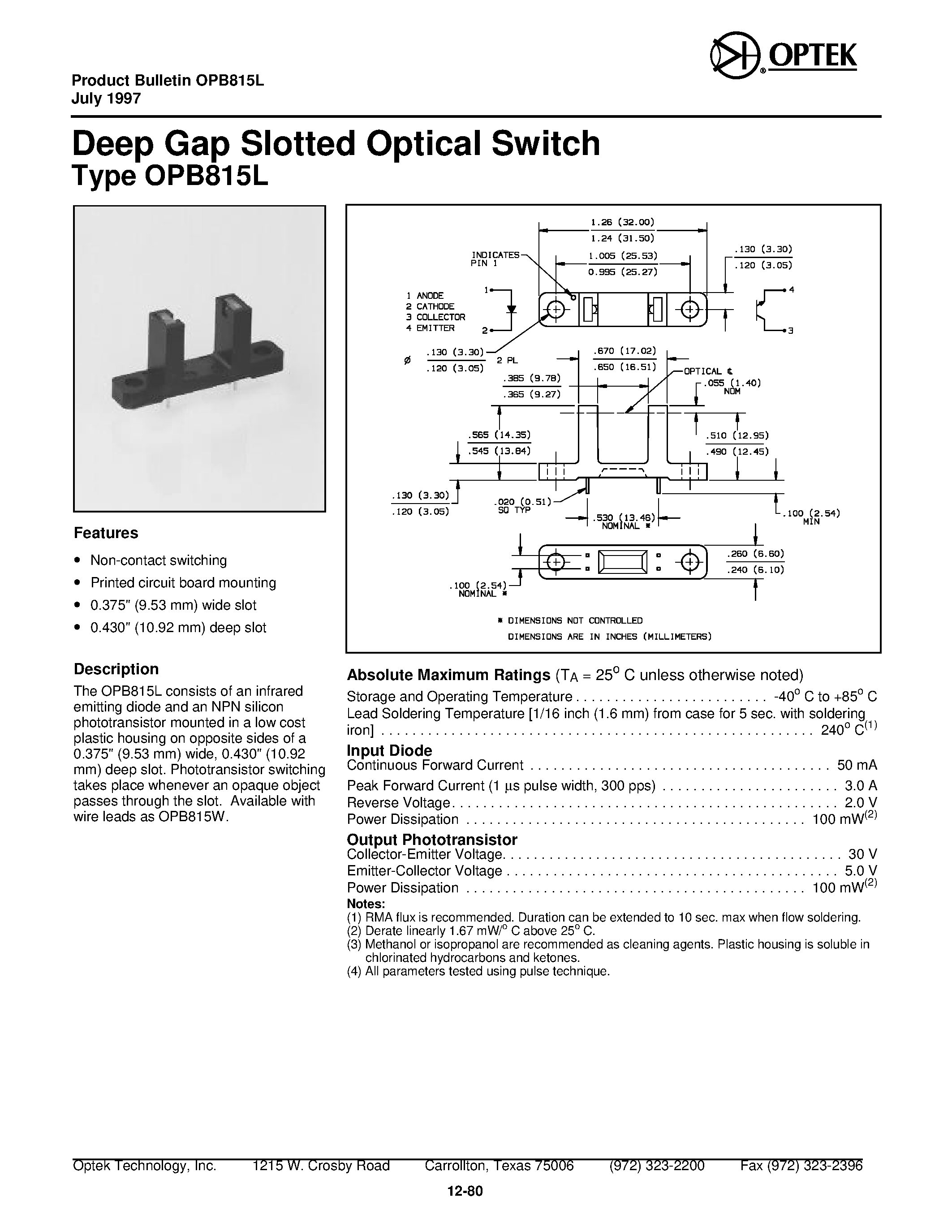 Datasheet OPB815L page 1 Datasheet OPB815L - Deep Gap Slot ted Op ti cal Switch page 1