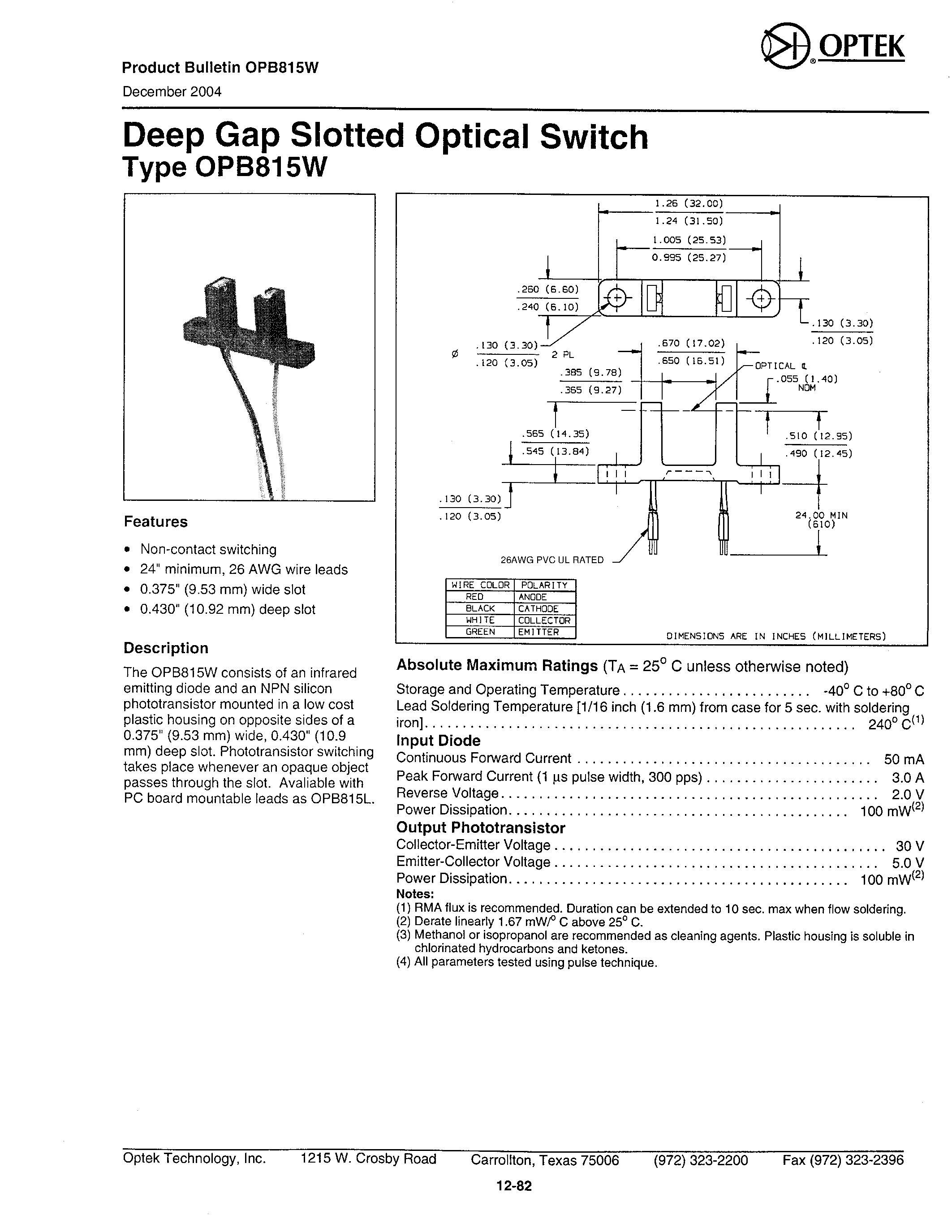 Datasheet OPB815W page 1 Datasheet OPB815W - DEEP GAP SLOTTED OPTICAL SWITCH page 1