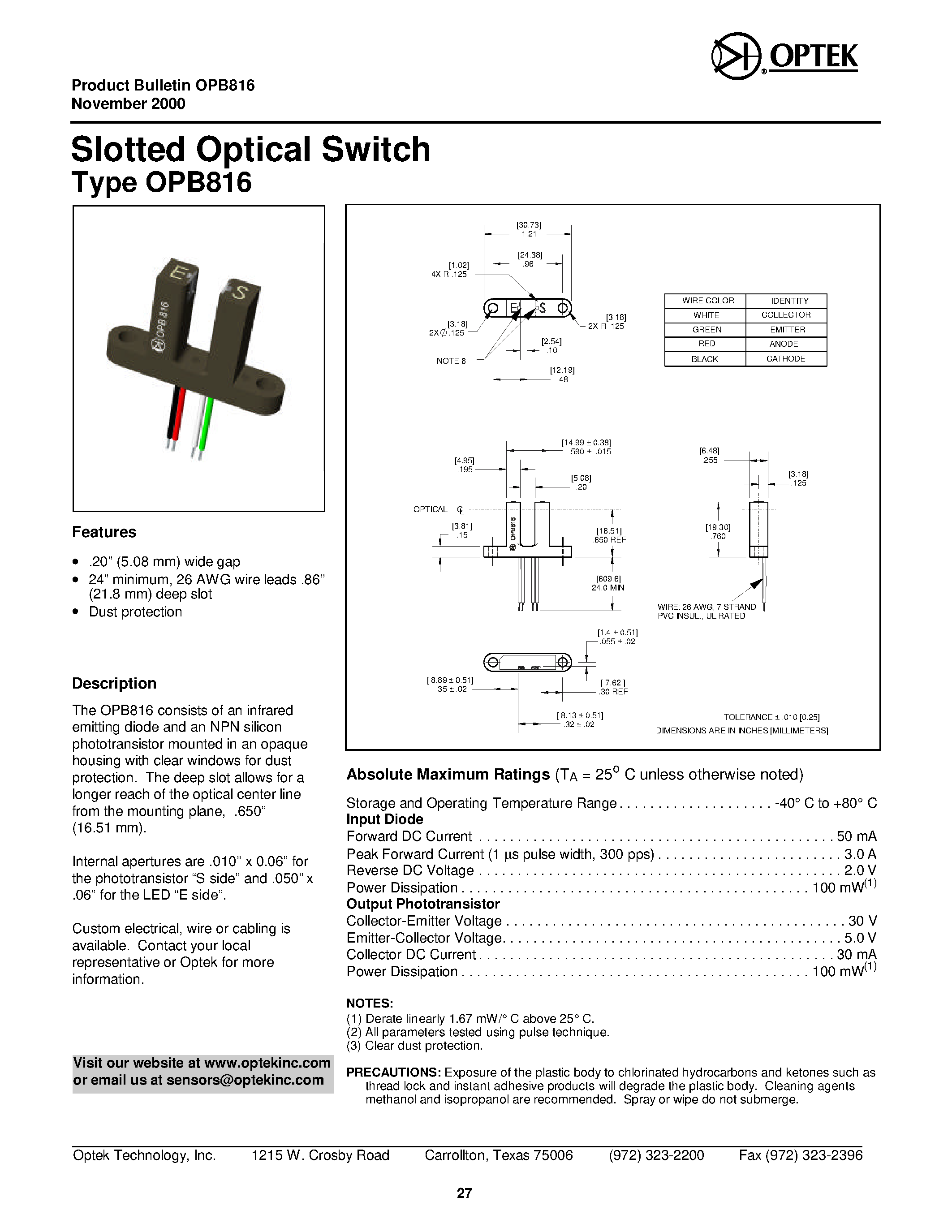 Datasheet OPB816 page 1 Datasheet OPB816 - Slotted Op tical Switch page 1