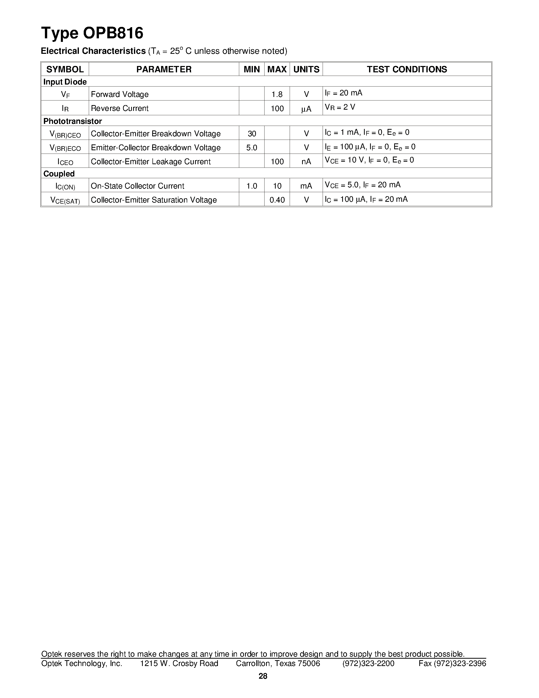 Datasheet OPB816 page 2 Datasheet OPB816 - Slotted Op tical Switch page 2