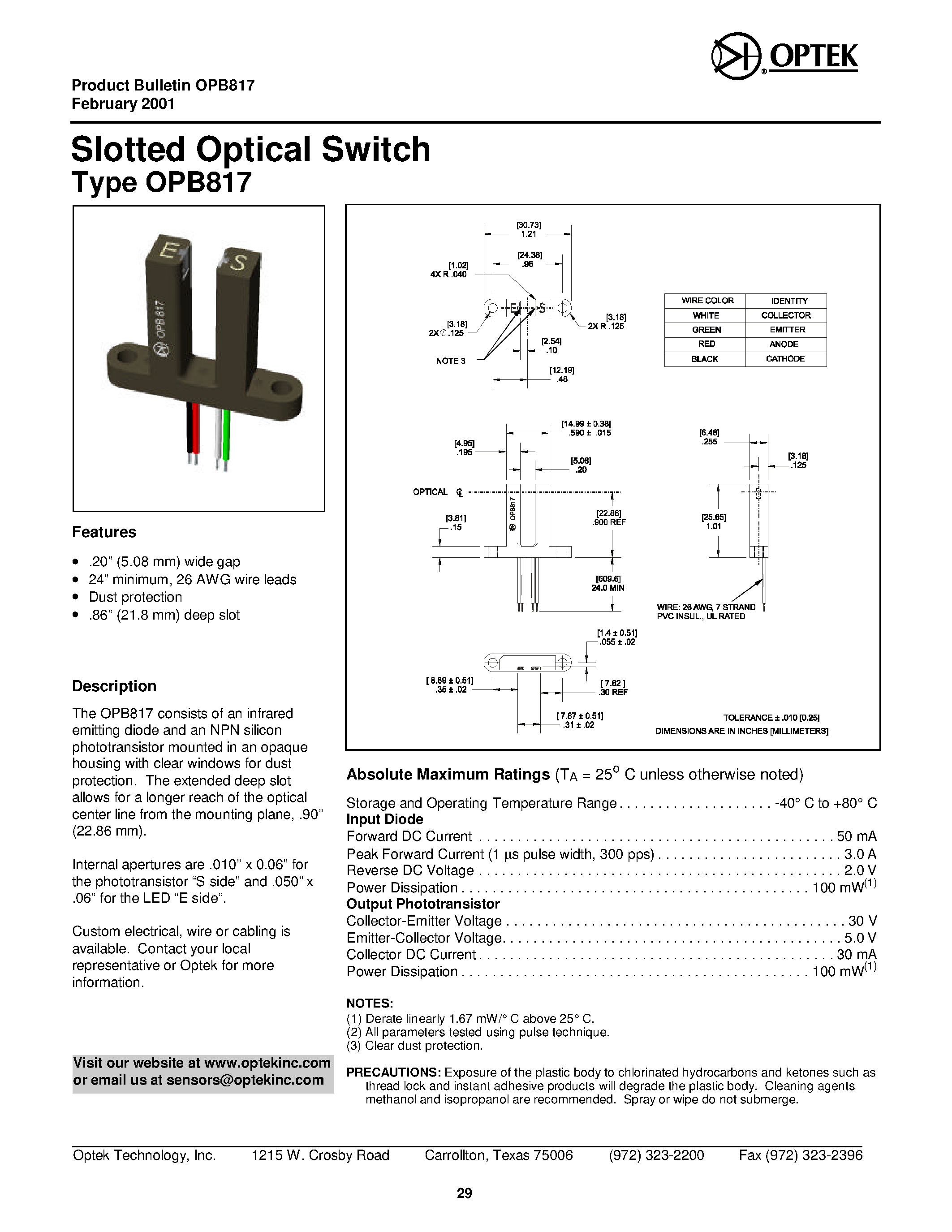 Datasheet OPB817 page 1 Datasheet OPB817 - Slotted Op tical Switch page 1