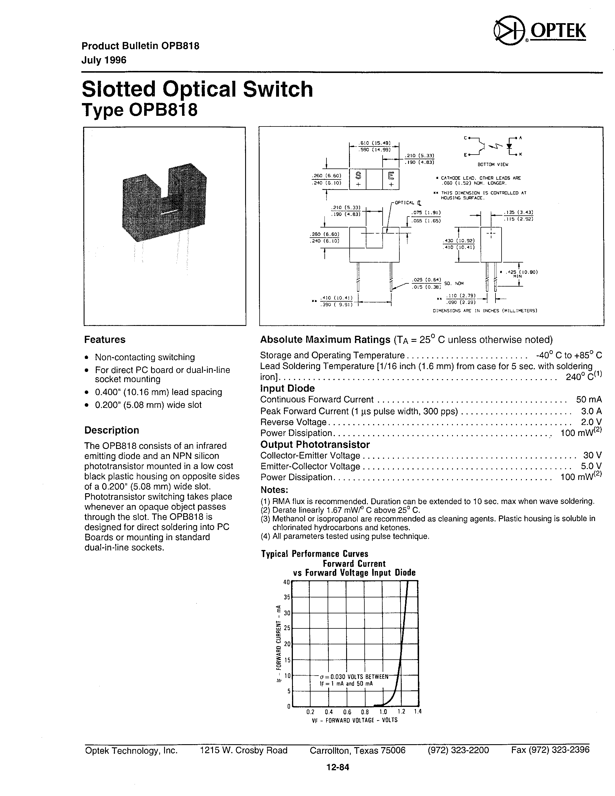 Datasheet OPB818 page 1 Datasheet OPB818 - SLOTTED OPTICAL SWITCH page 1