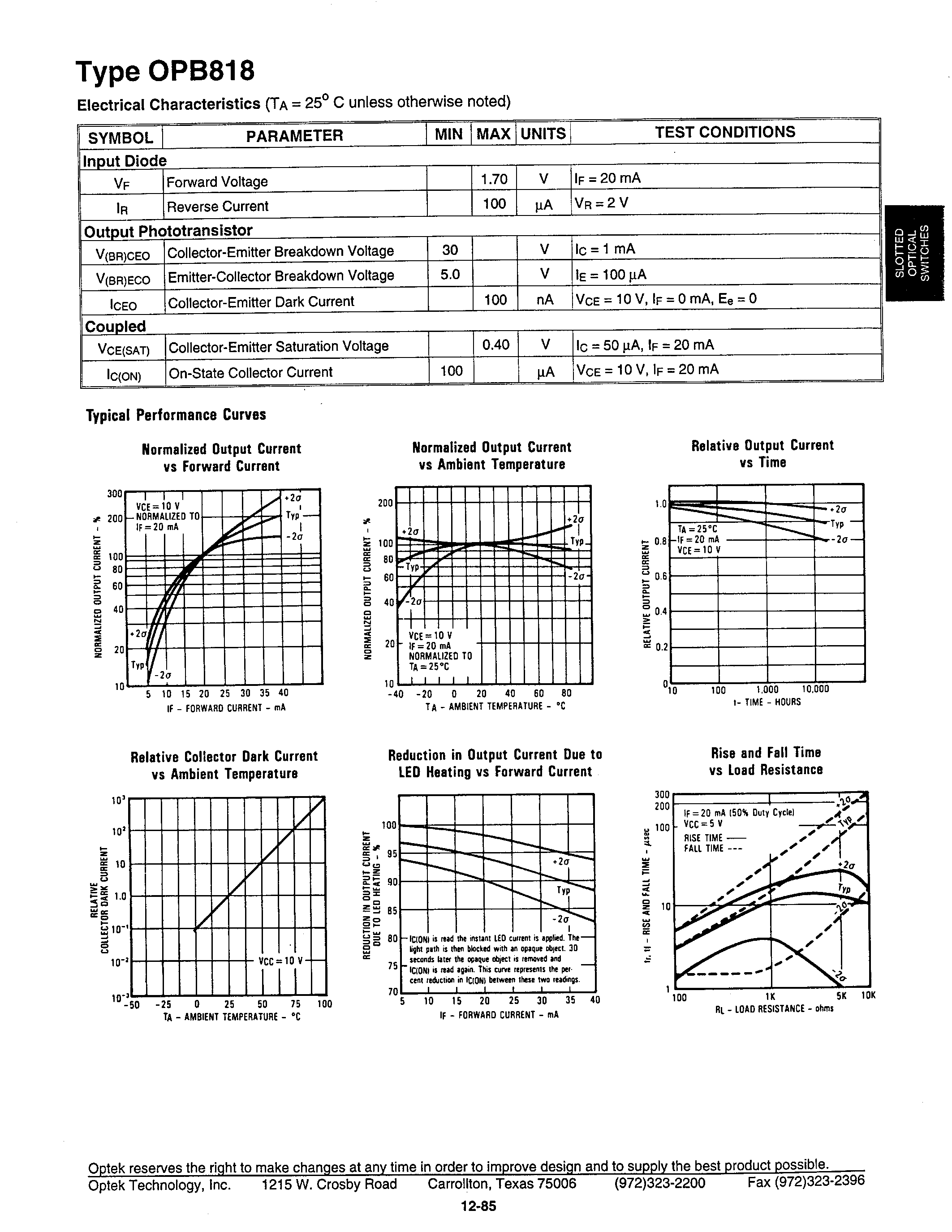 Datasheet OPB818 page 2 Datasheet OPB818 - SLOTTED OPTICAL SWITCH page 2