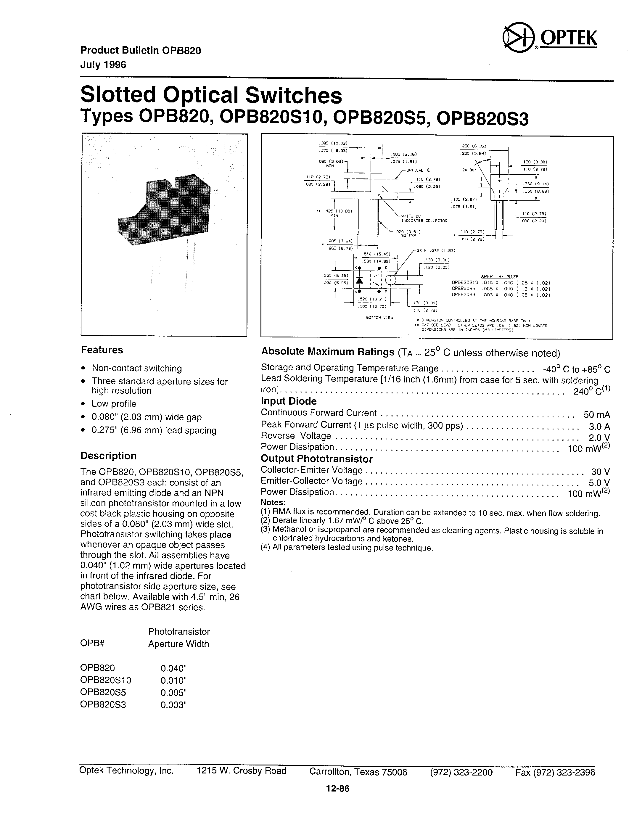 Даташит OPB820 - SLOTTED OPTICAL SWITCHES страница 1