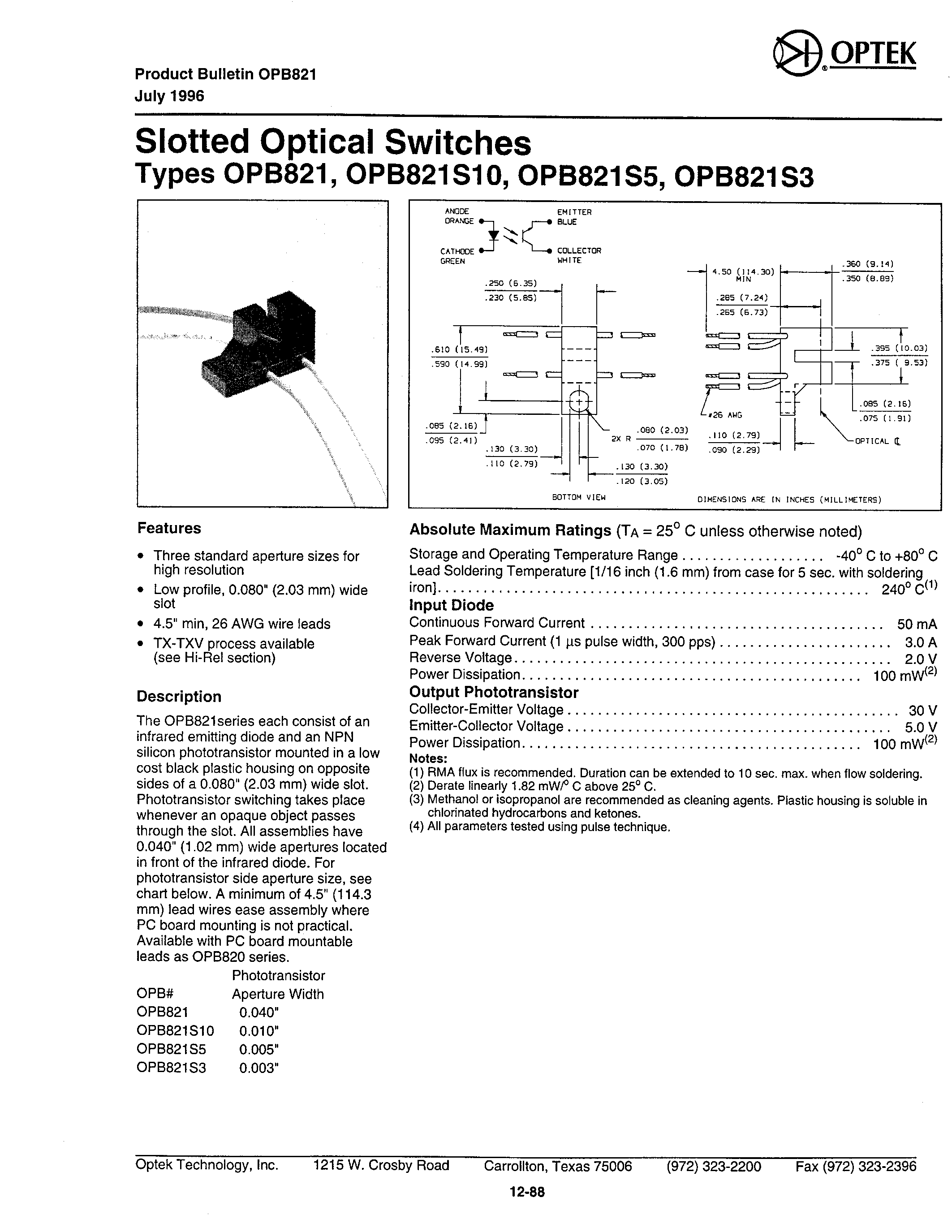 Даташит на микросхему OPB821 страница 1 Даташит OPB821 - Slotted Optical Switches страница 1