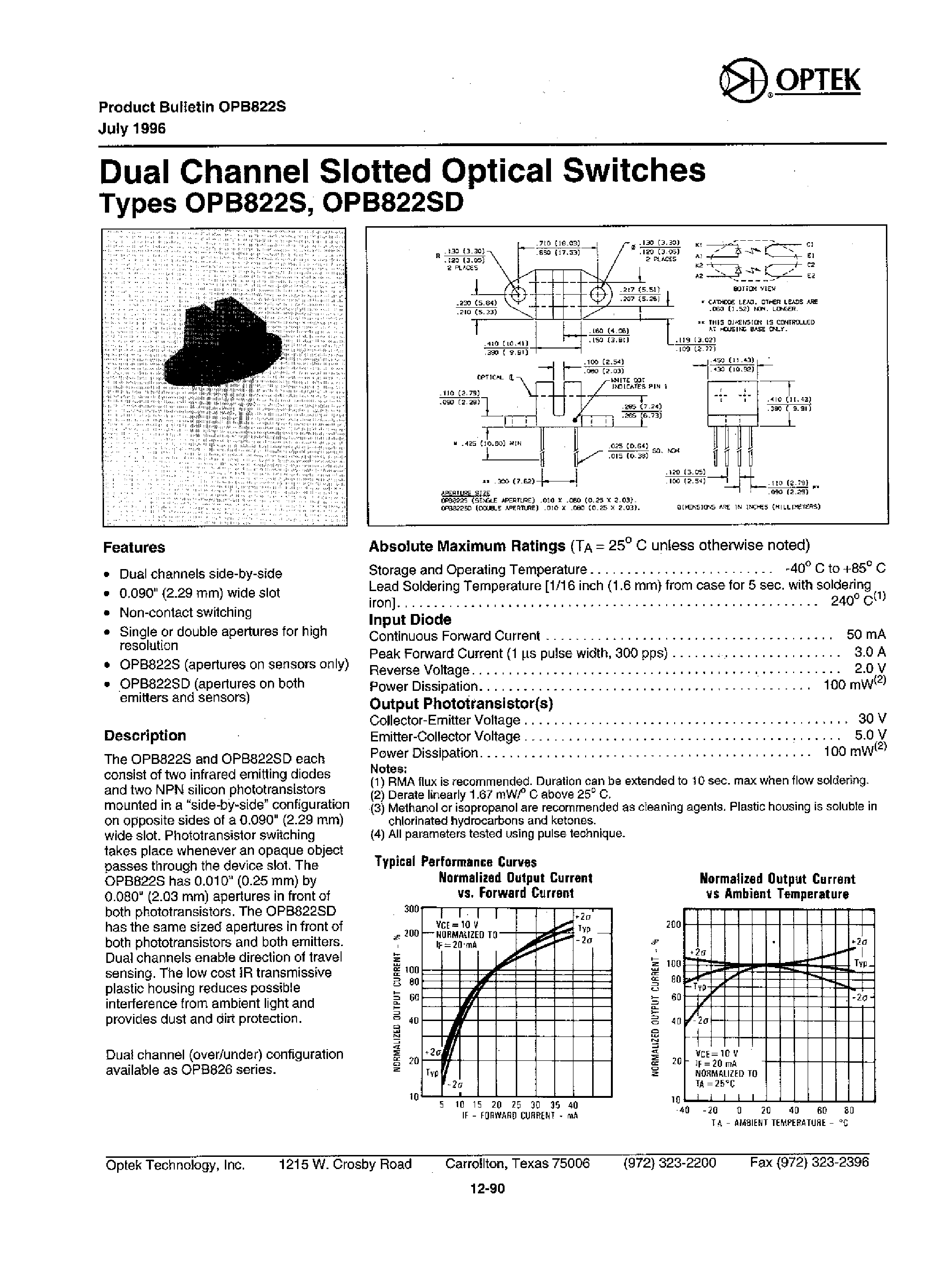 Даташит OPB822S - DUAL CHANNEL SLOTTED OPTICAL SWITCHES страница 1