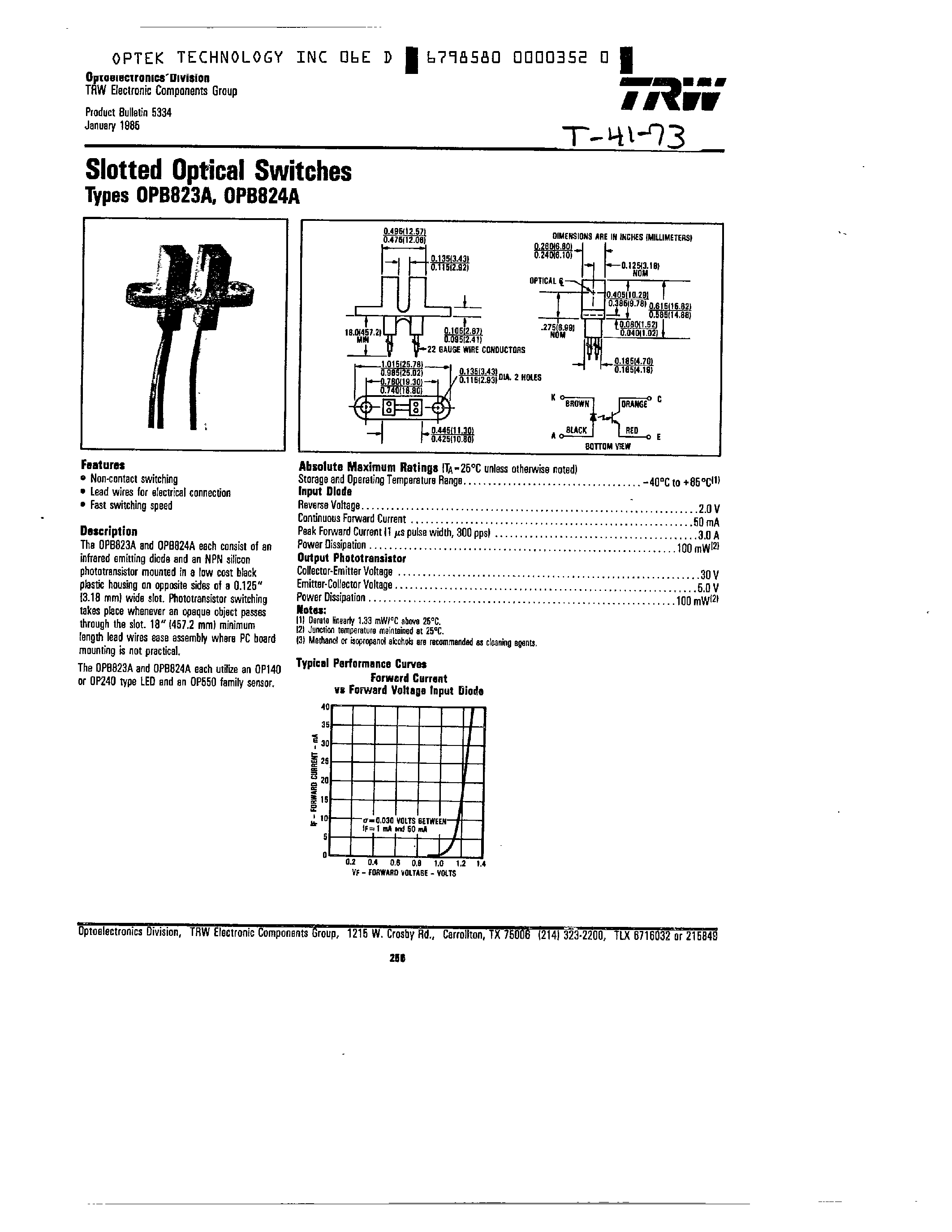 Даташит на микросхему OPB823A страница 1 Даташит OPB823A - SLOTTED OPTICAL SWITCHES страница 1