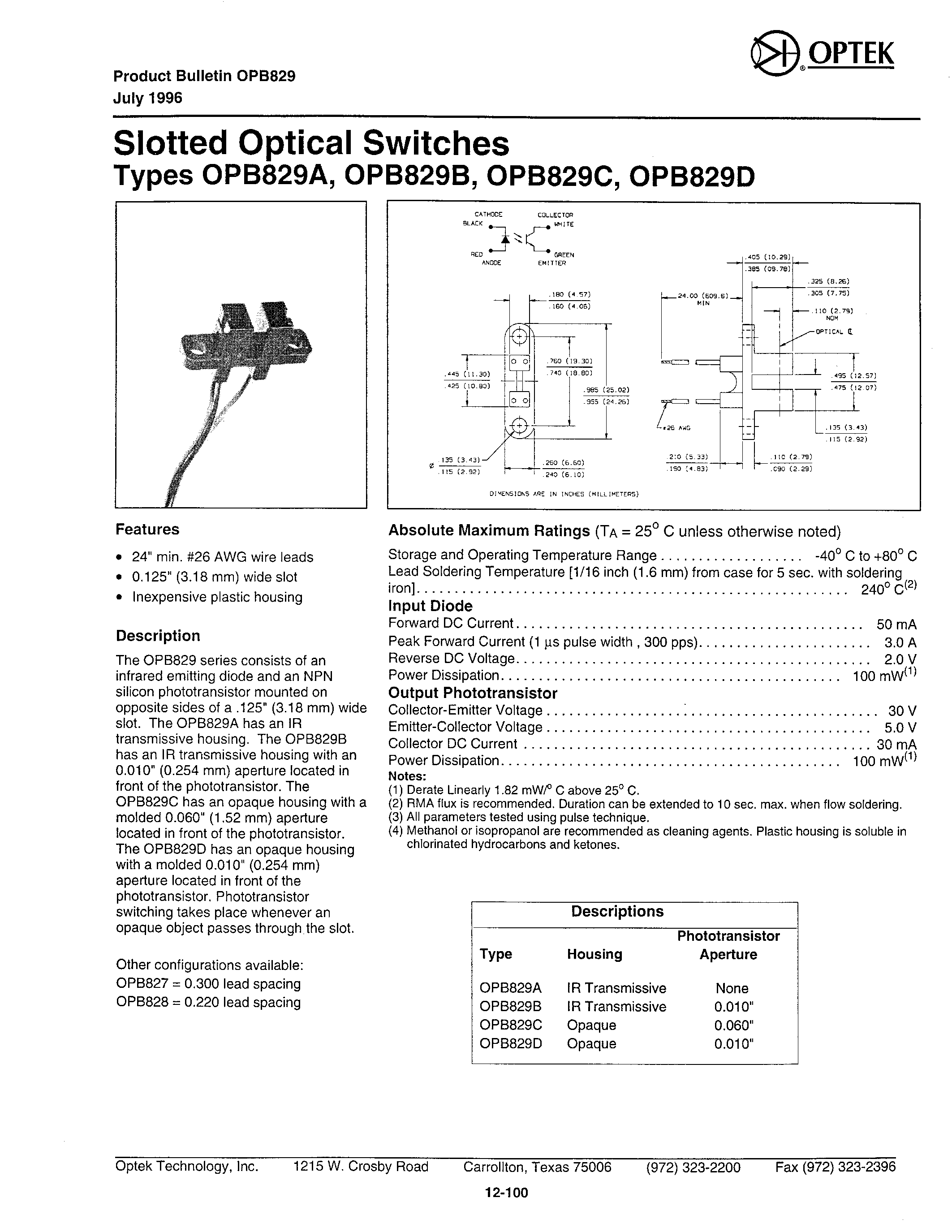 Даташит OPB829D - SLOTTED OPTICAL SWITCHES страница 1