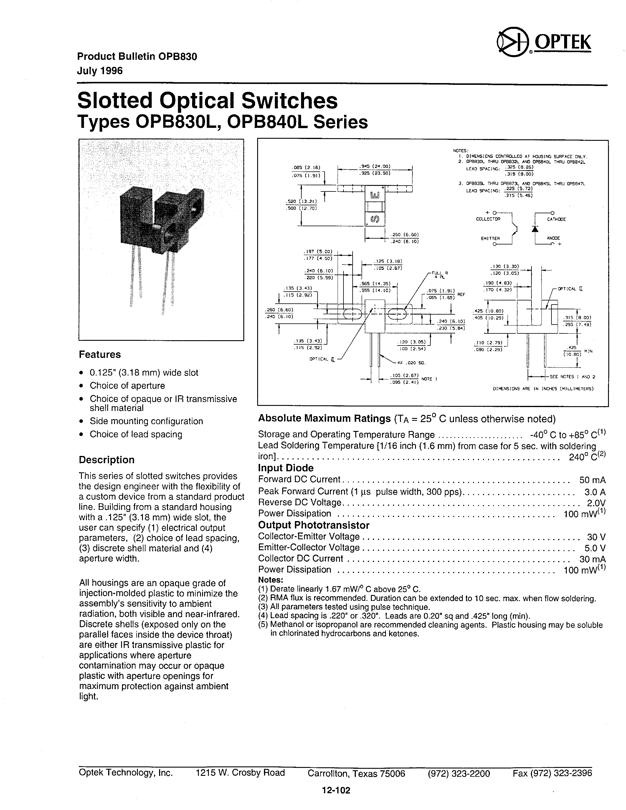 Даташит на микросхему OPB840L страница 1 Даташит OPB840L - SLOTTED OPTICAL SWITCHES страница 1