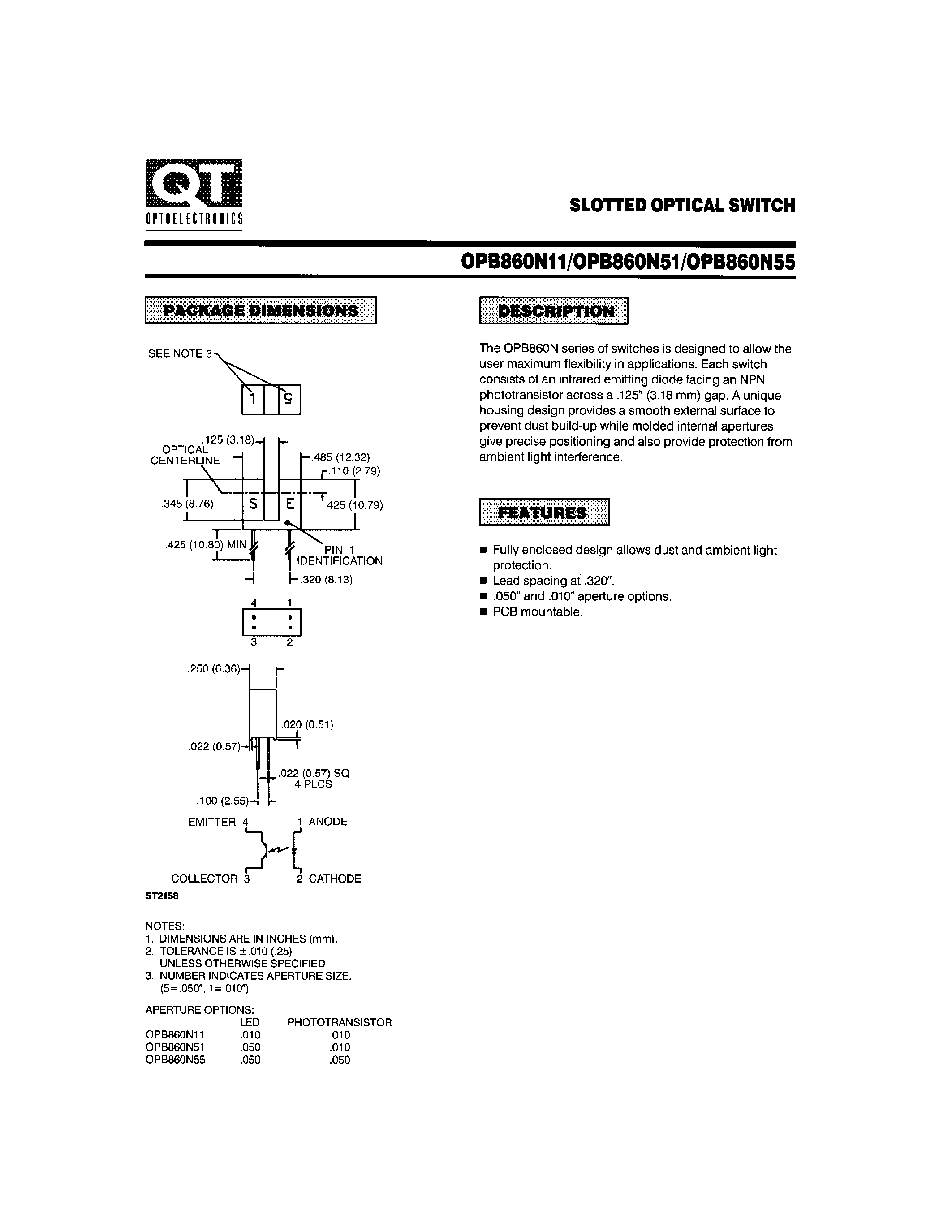 Datasheet OPB860N55 page 1 Datasheet OPB860N55 - SLOTTED OPTICAL SWITCH page 1