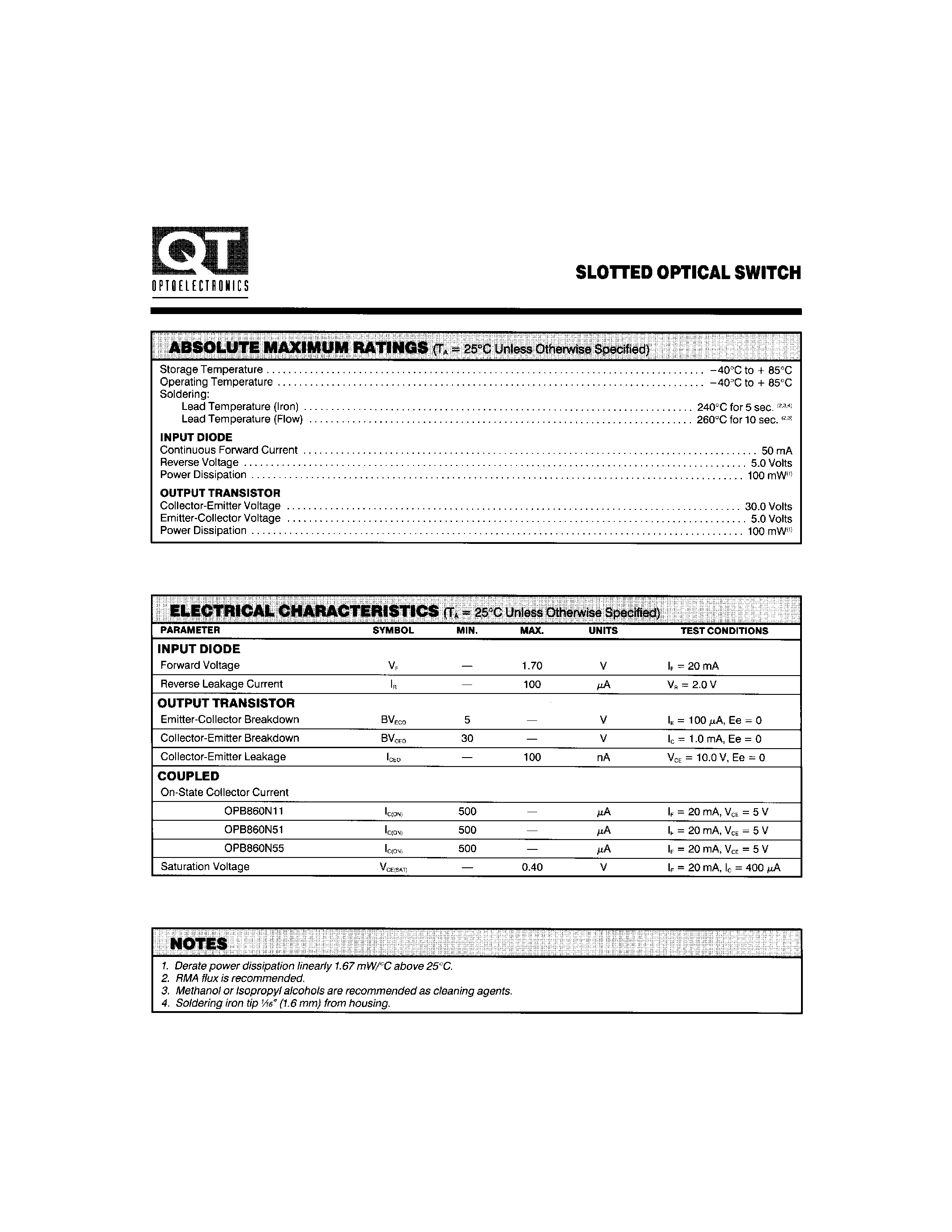 Datasheet OPB860N55 page 2 Datasheet OPB860N55 - SLOTTED OPTICAL SWITCH page 2