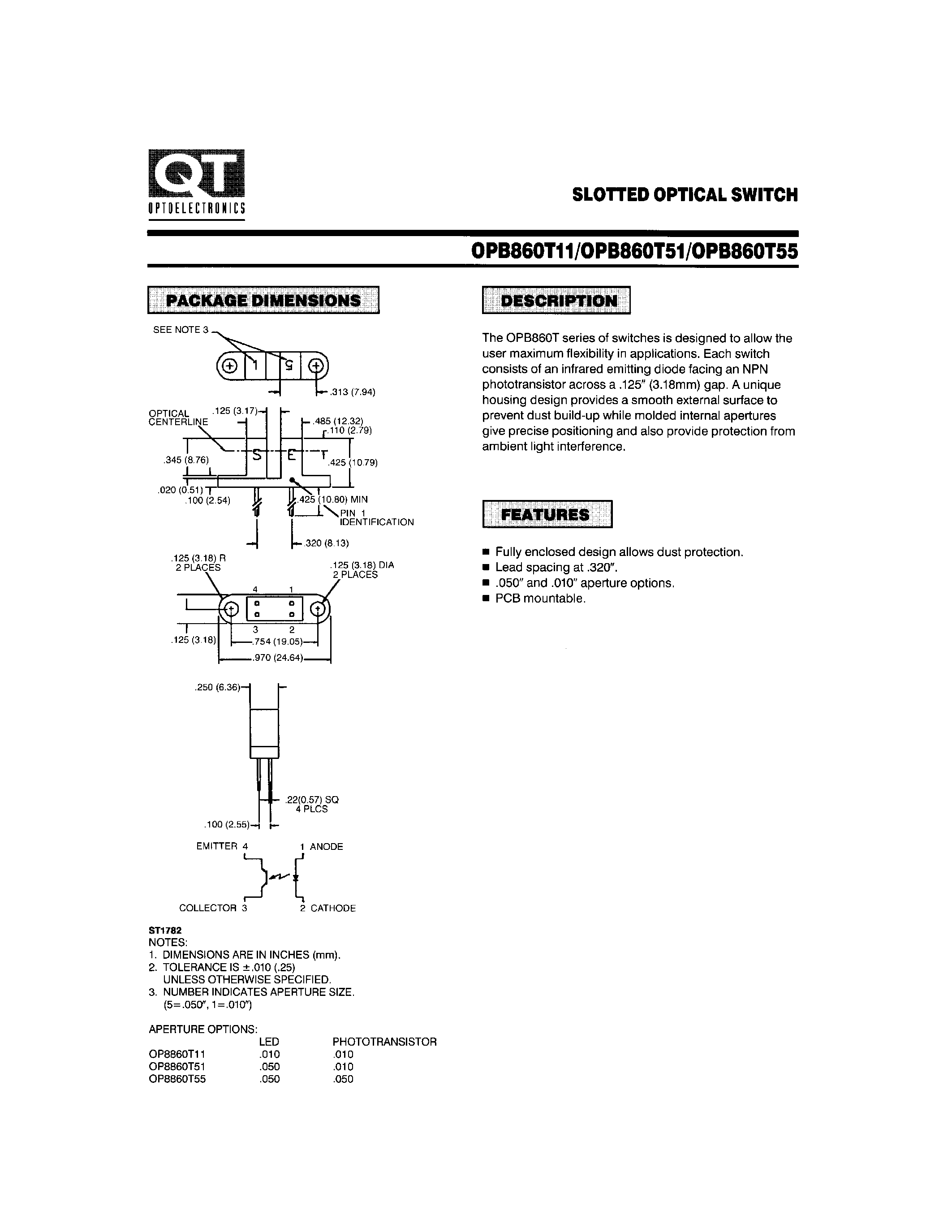 Datasheet OPB860T11 page 1 Datasheet OPB860T11 - SLOTTED OPTICAL SWITCH page 1