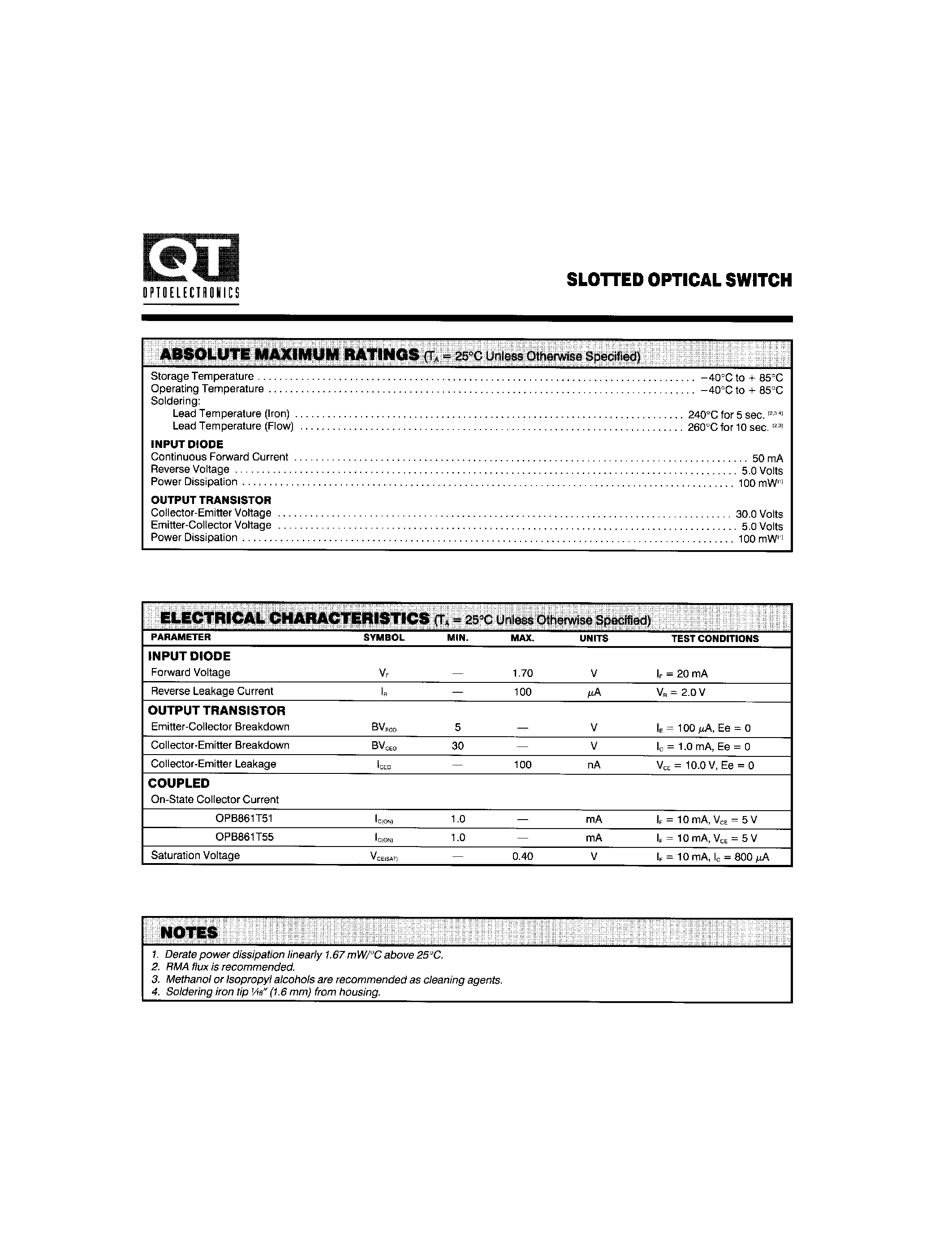 Datasheet OPB861T51 page 2 Datasheet OPB861T51 - SLOTTED OPTICAL SWITCH page 2