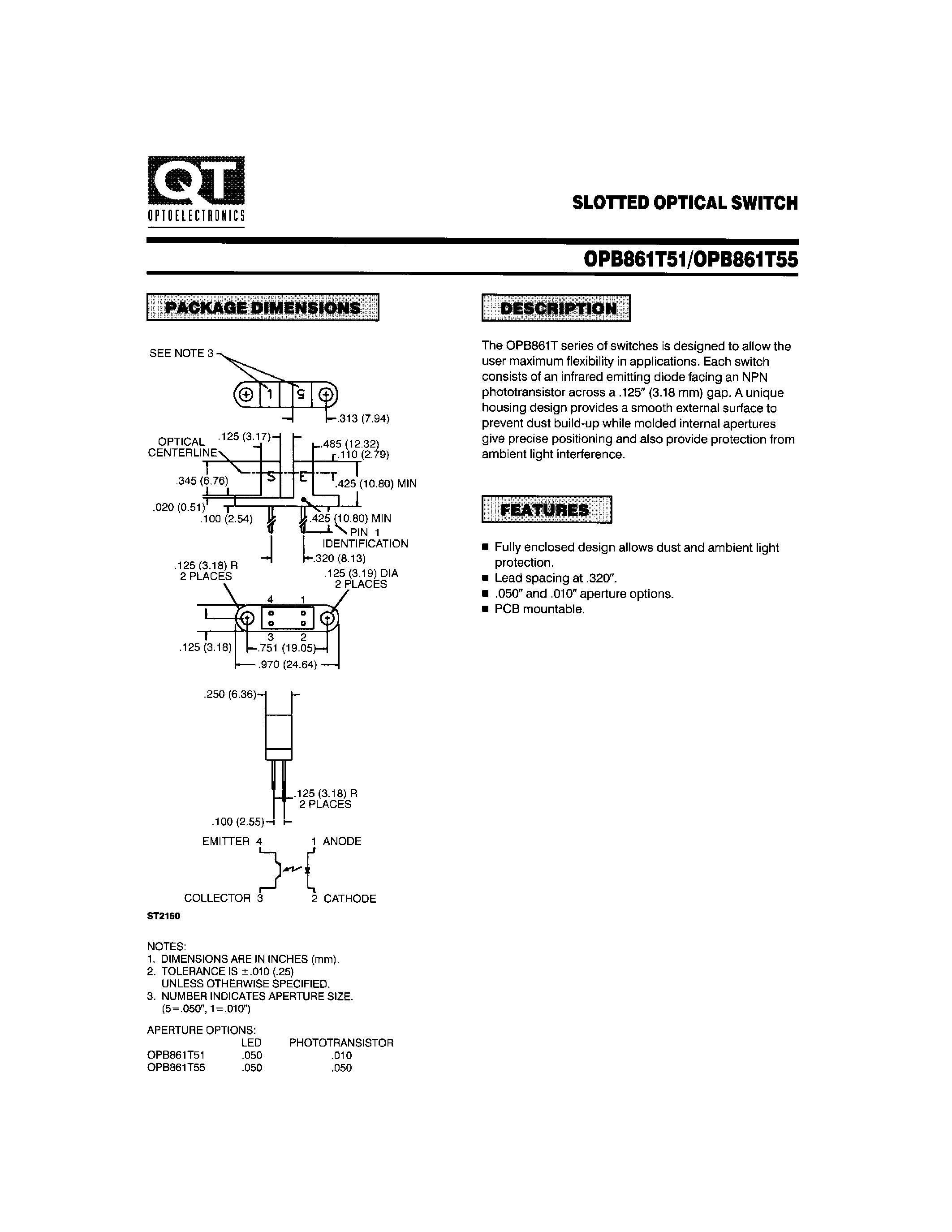 Datasheet OPB861T55 page 1 Datasheet OPB861T55 - SLOTTED OPTICAL SWITCH page 1