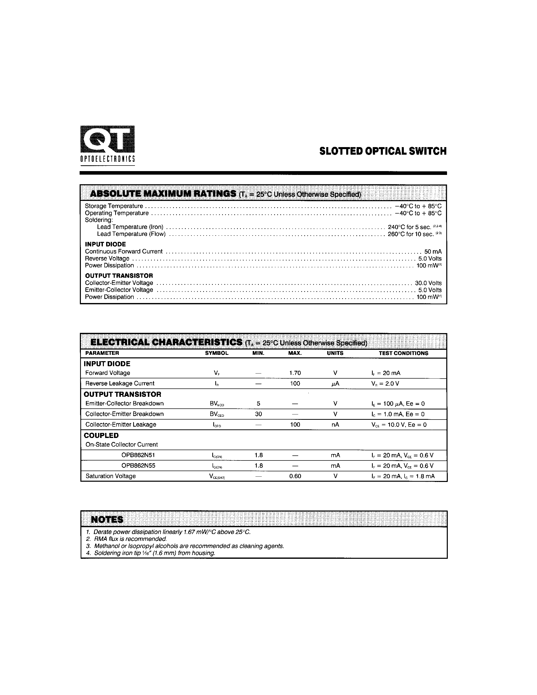 Datasheet OPB862N51 page 2 Datasheet OPB862N51 - SLOTTED OPTICAL SWITCH page 2
