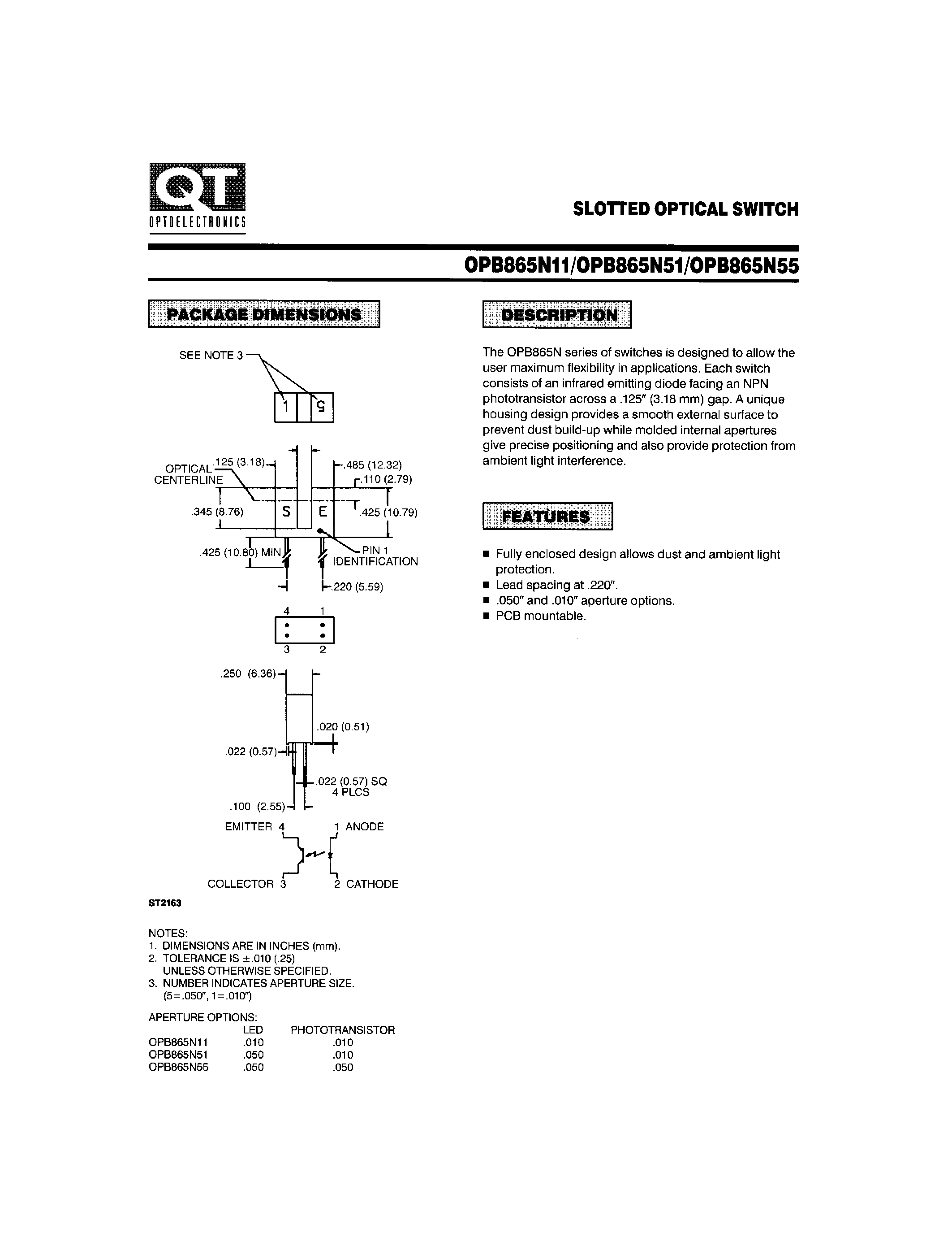 Datasheet OPB865N55 page 1 Datasheet OPB865N55 - SLOTTED OPTICAL SWITCH page 1