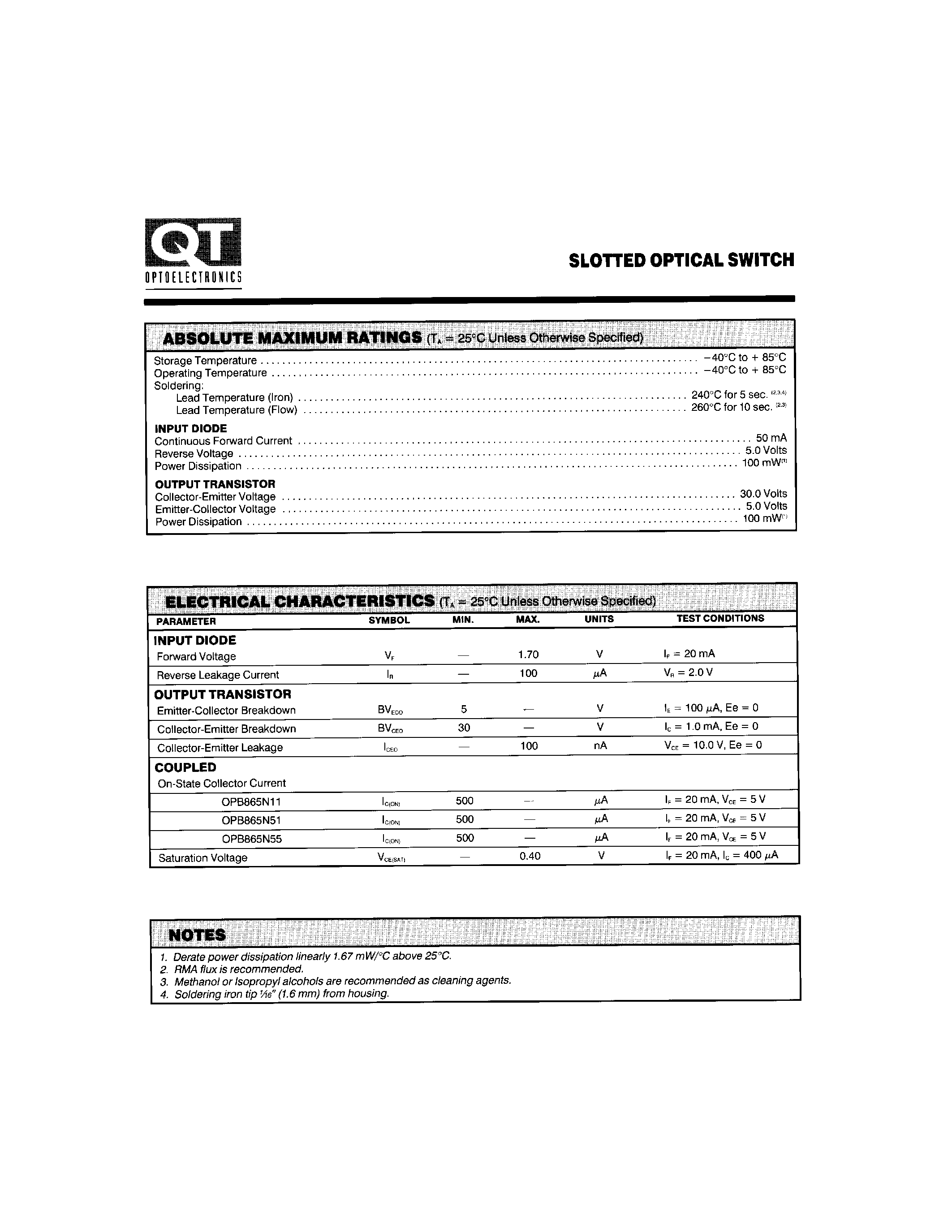 Datasheet OPB865N55 page 2 Datasheet OPB865N55 - SLOTTED OPTICAL SWITCH page 2