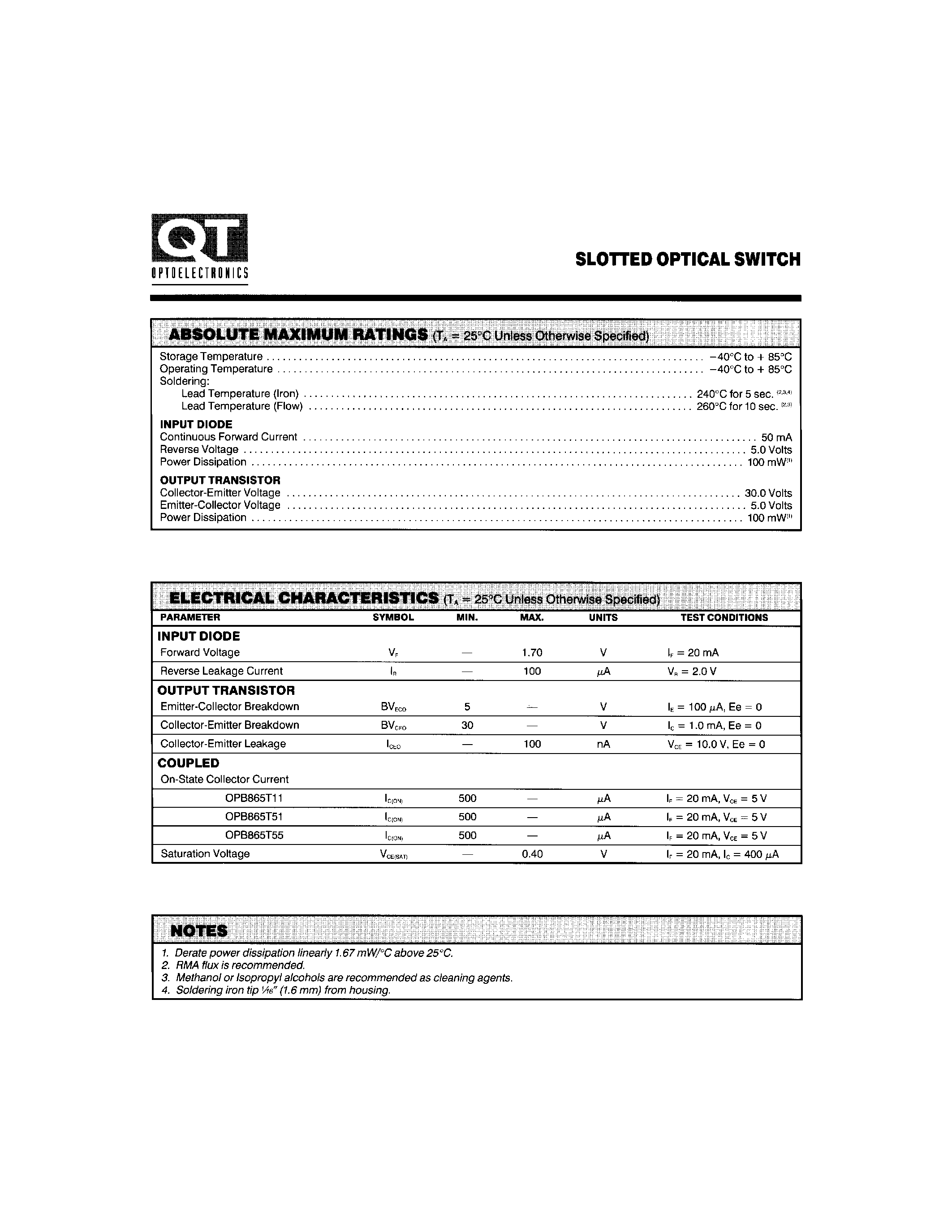 Datasheet OPB865T11 page 2 Datasheet OPB865T11 - SLOTTED OPTICAL SWITCH page 2