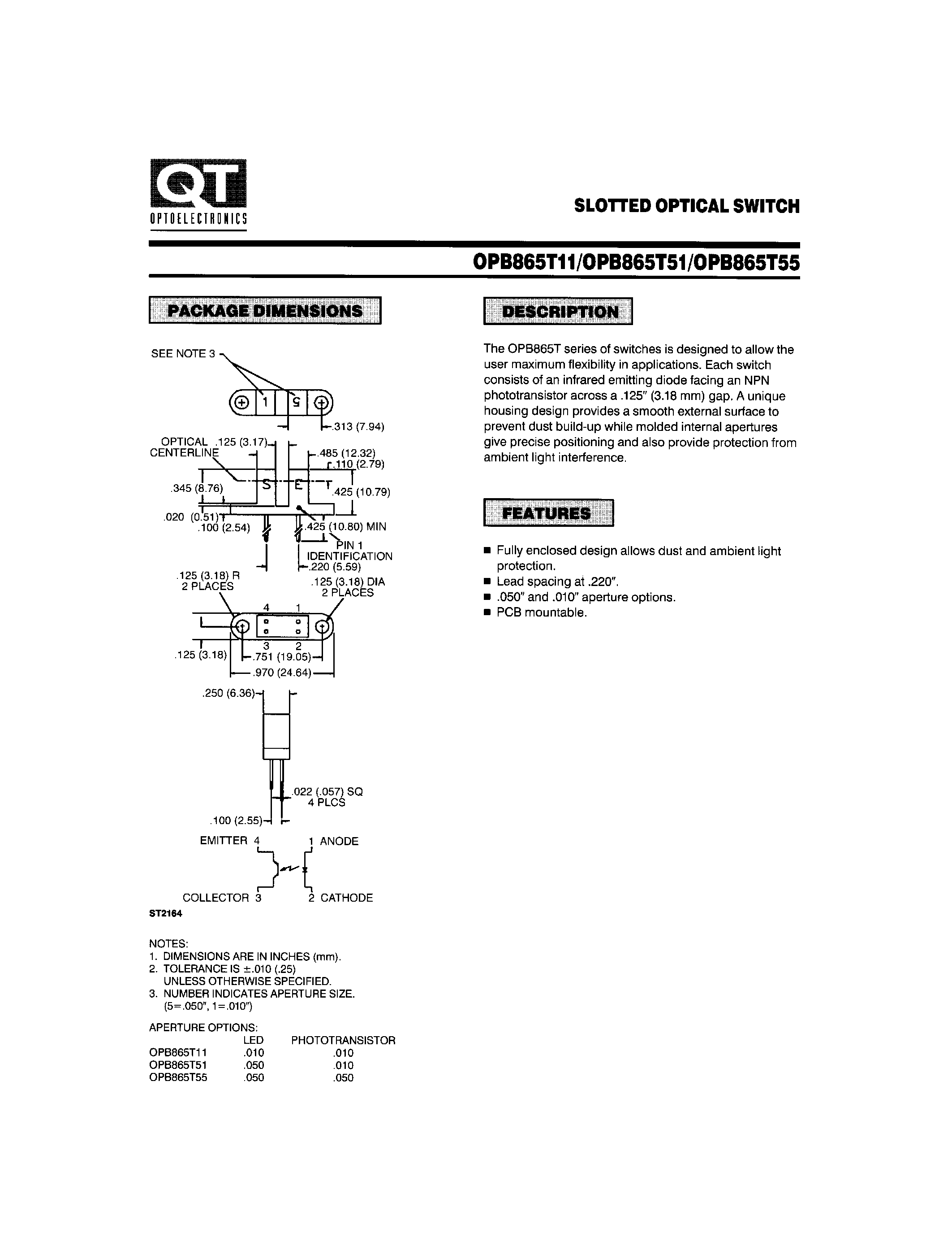 Datasheet OPB865T55 page 1 Datasheet OPB865T55 - SLOTTED OPTICAL SWITCH page 1