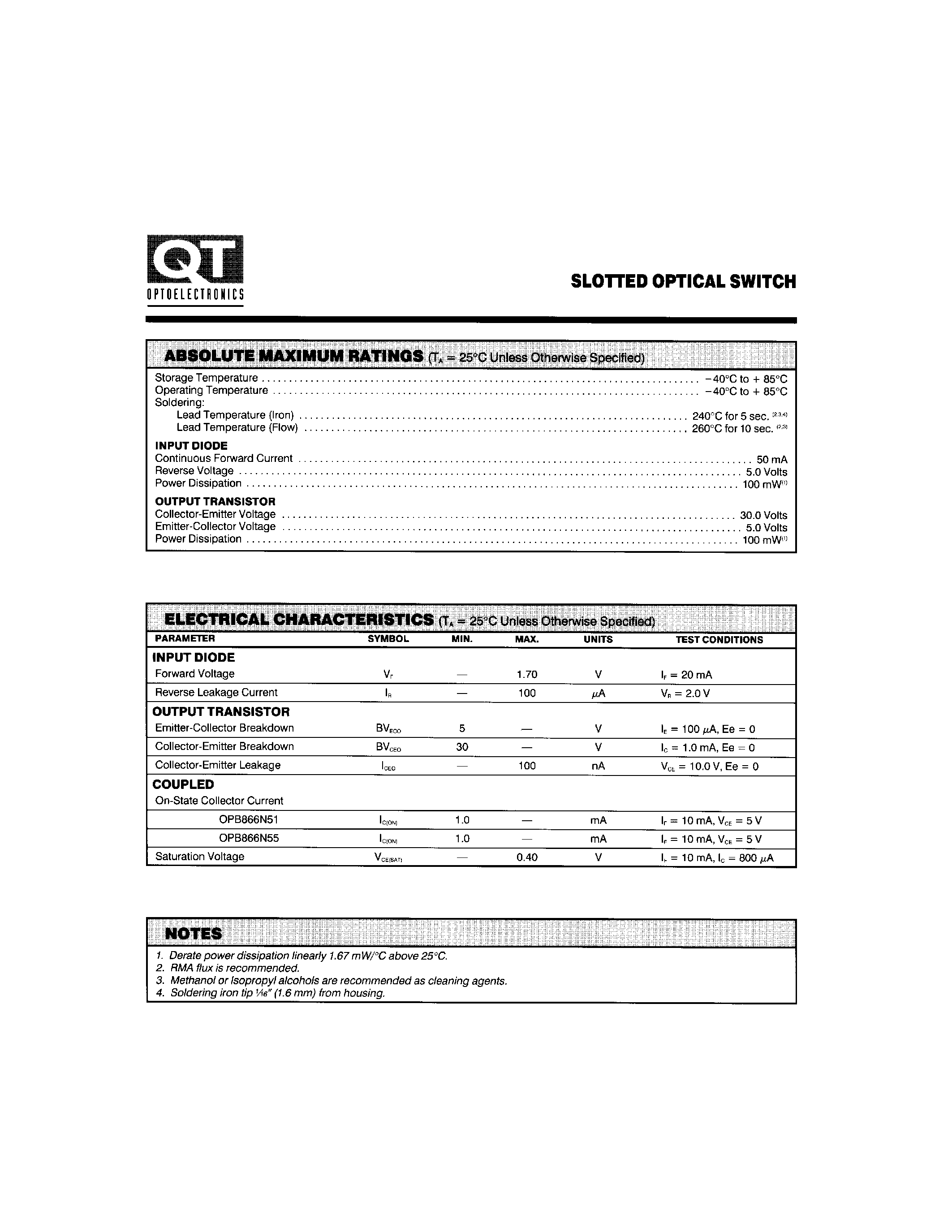 Datasheet OPB866N55 - SLOTTED OPTICAL SWITCH page 2