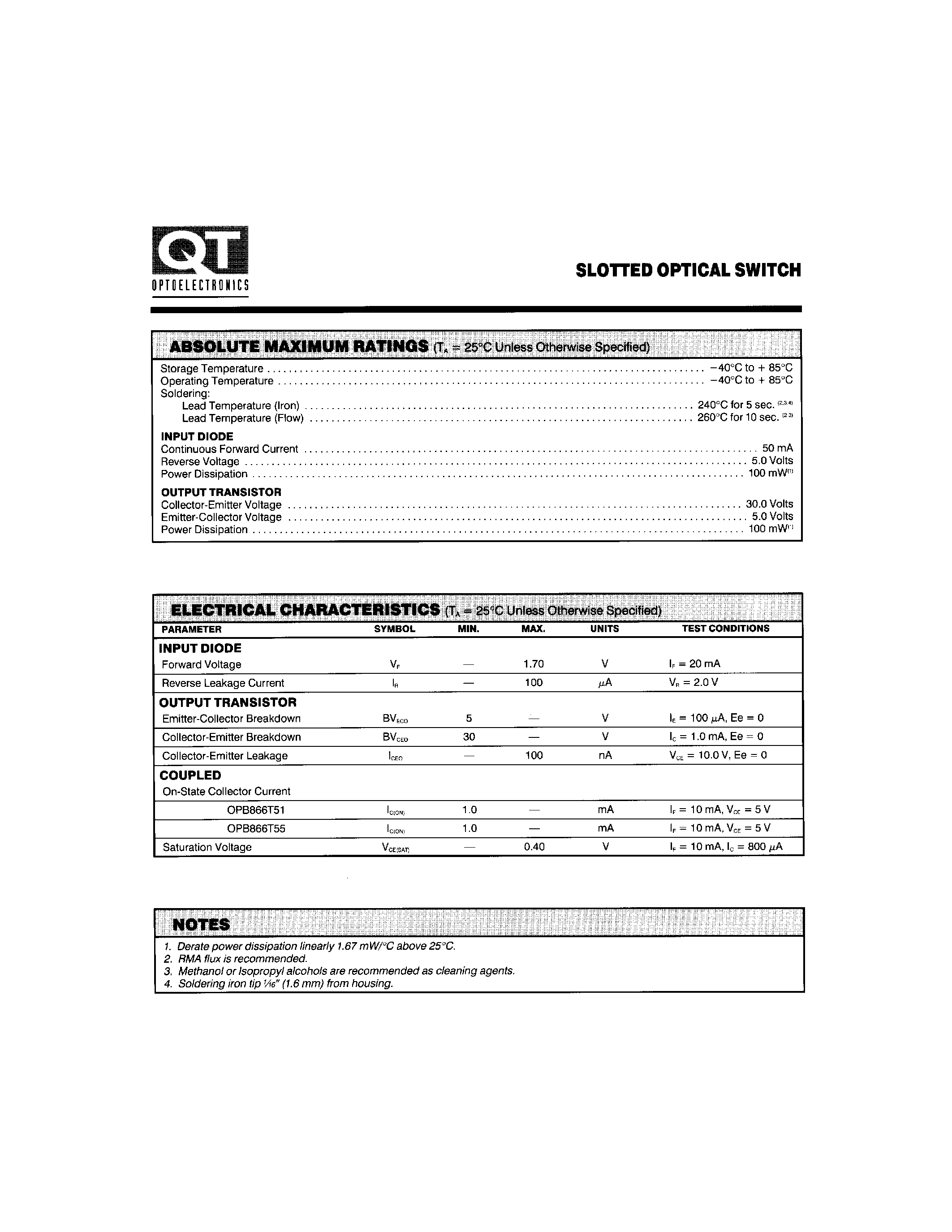 Datasheet OPB866T51 - SLOTTED OPTICAL SWITCH page 2