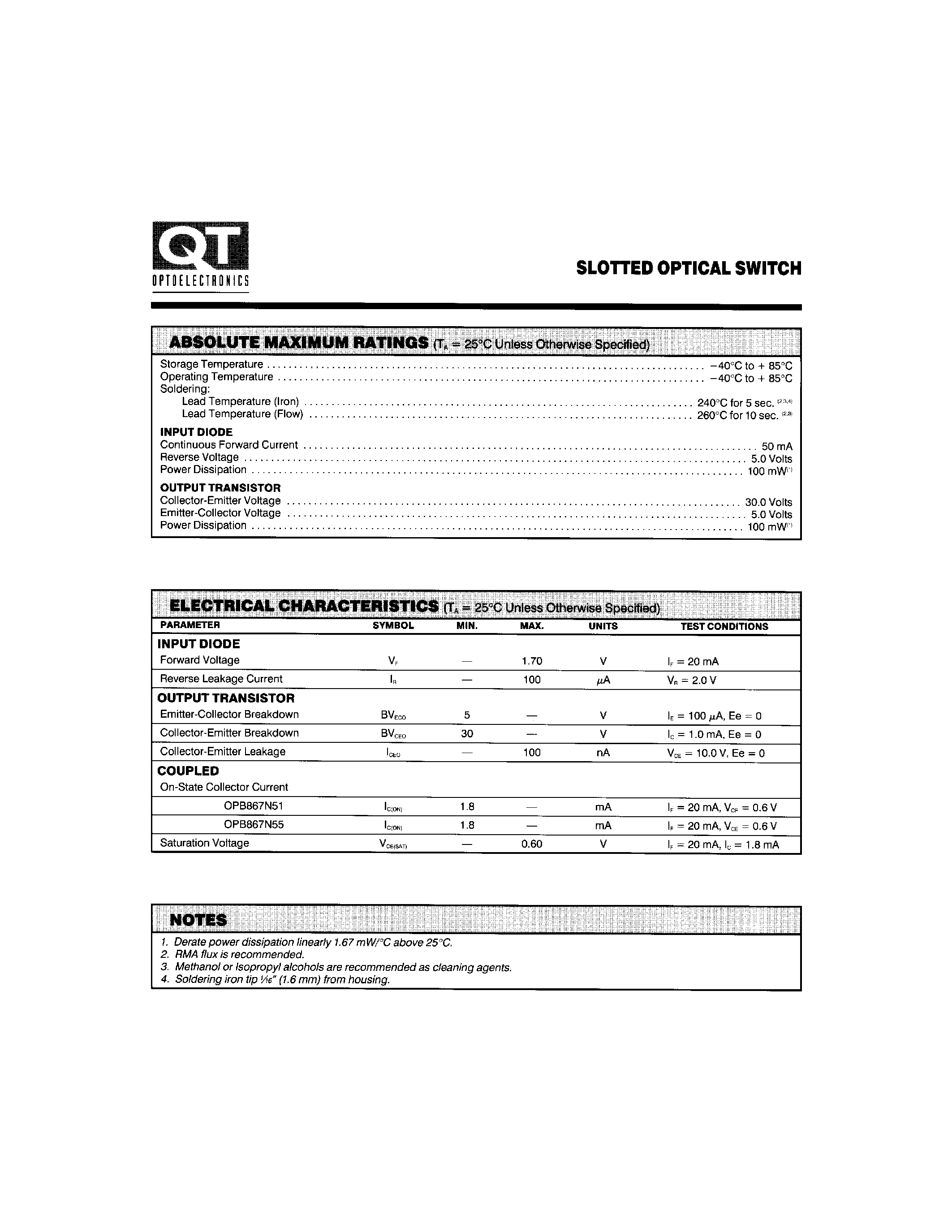 Datasheet OPB867N55 - SLOTTED OPTICAL SWITCH page 2