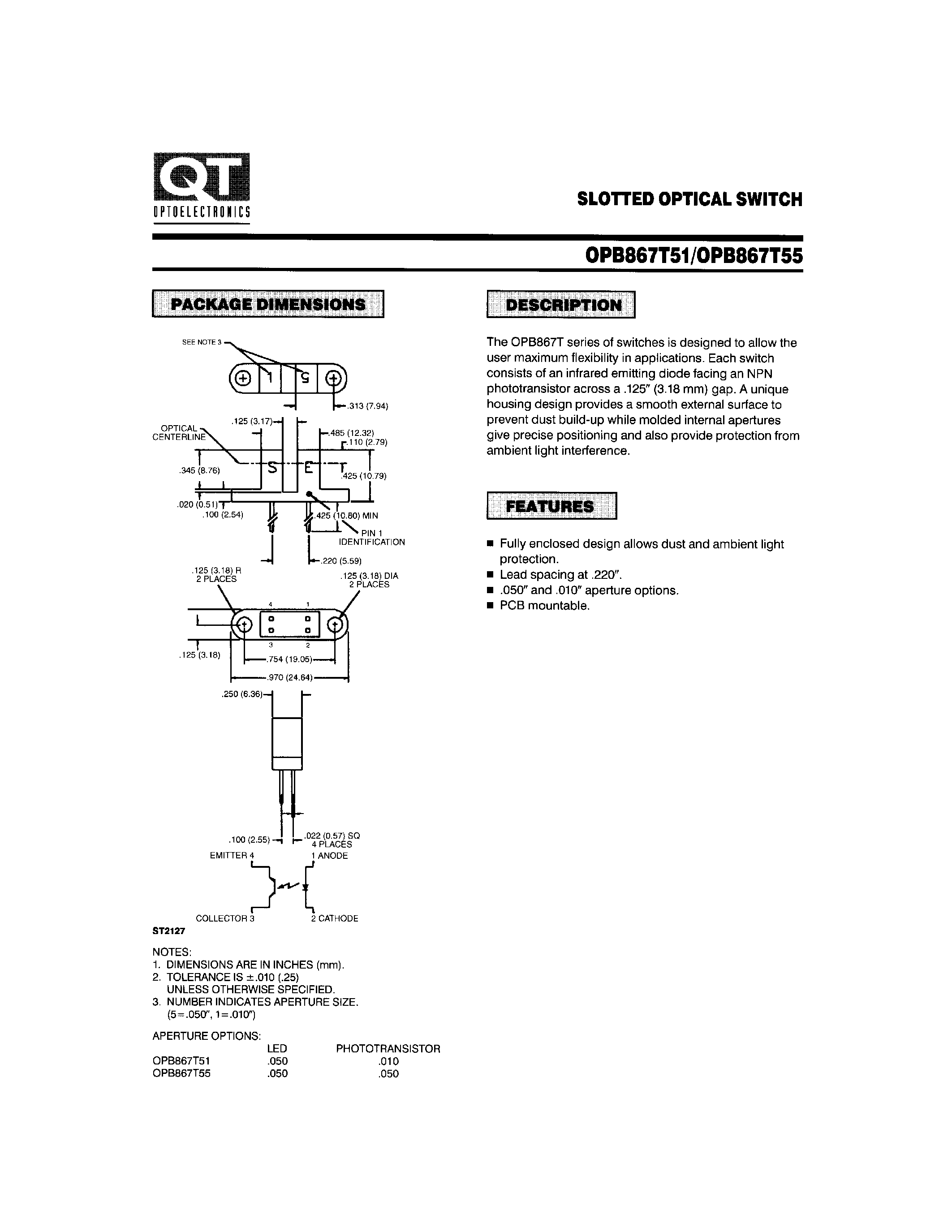 Datasheet OPB867T55 - SLOTTED OPTICAL SWITCH page 1