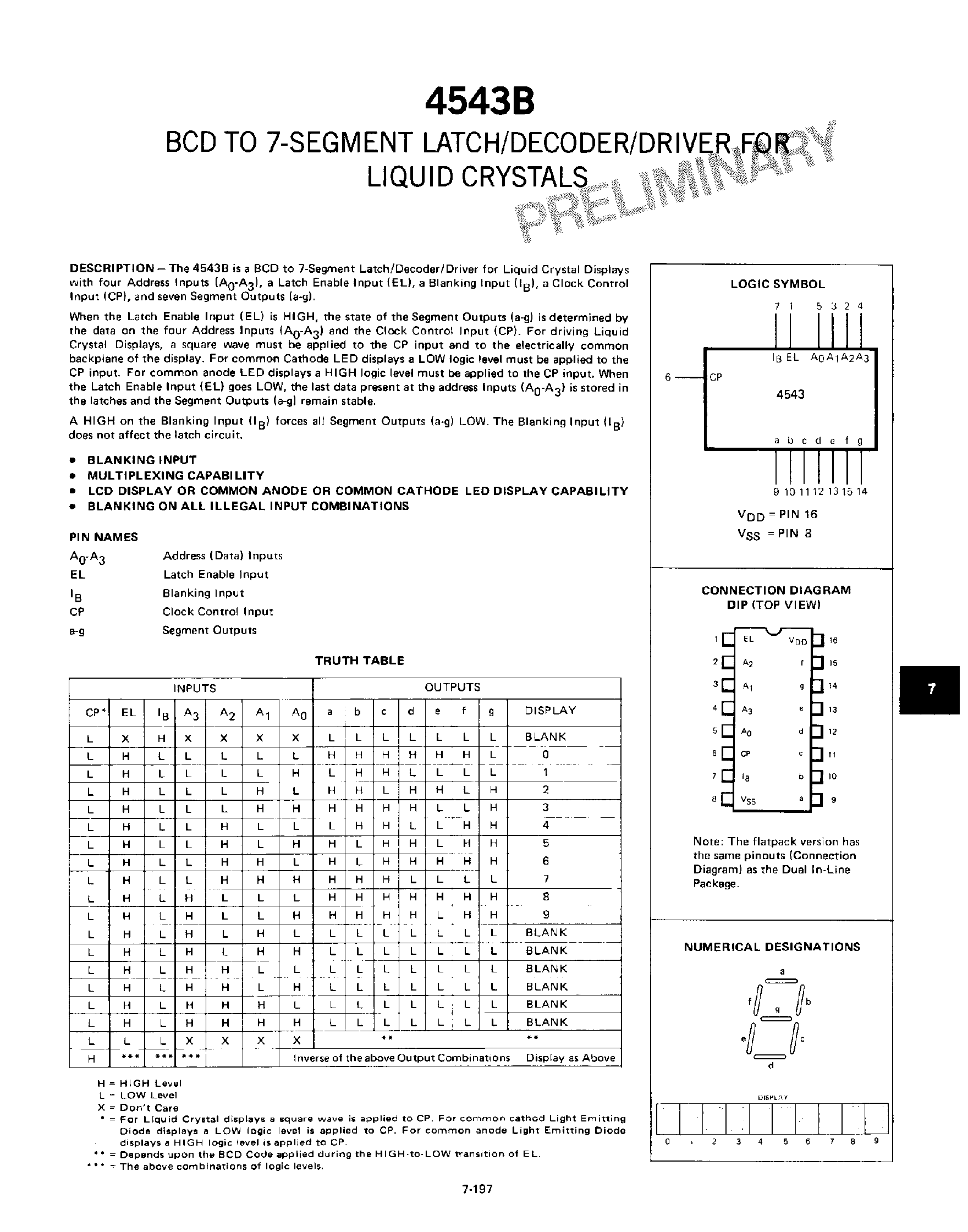 Даташит 4543B - BCD to 7 Segment Latch / Decoder / Driver for Liquid Crystals страница 1