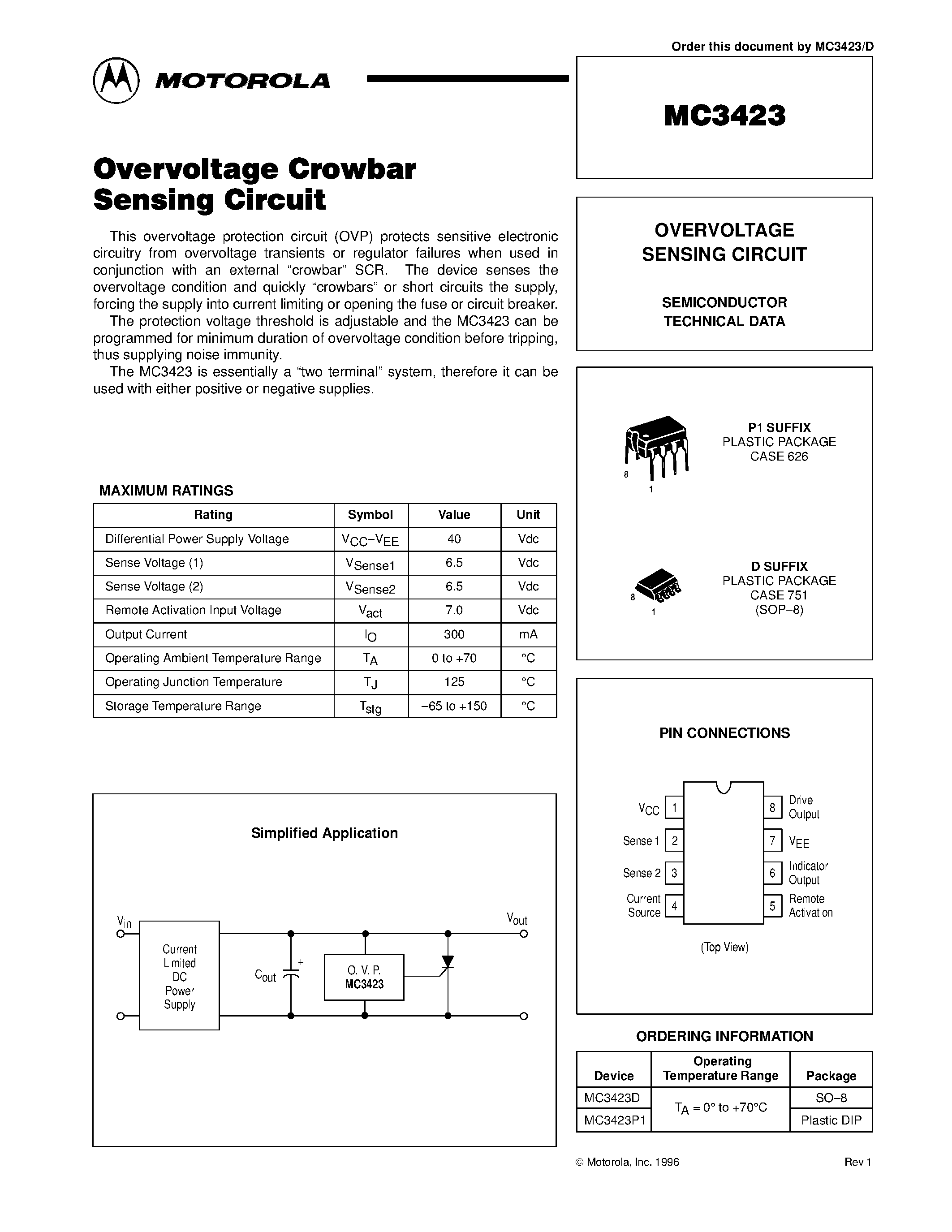 Datasheet MC3423 page 1 Datasheet MC3423 - OVERVOLTAGE SENSING CIRCUIT page 1
