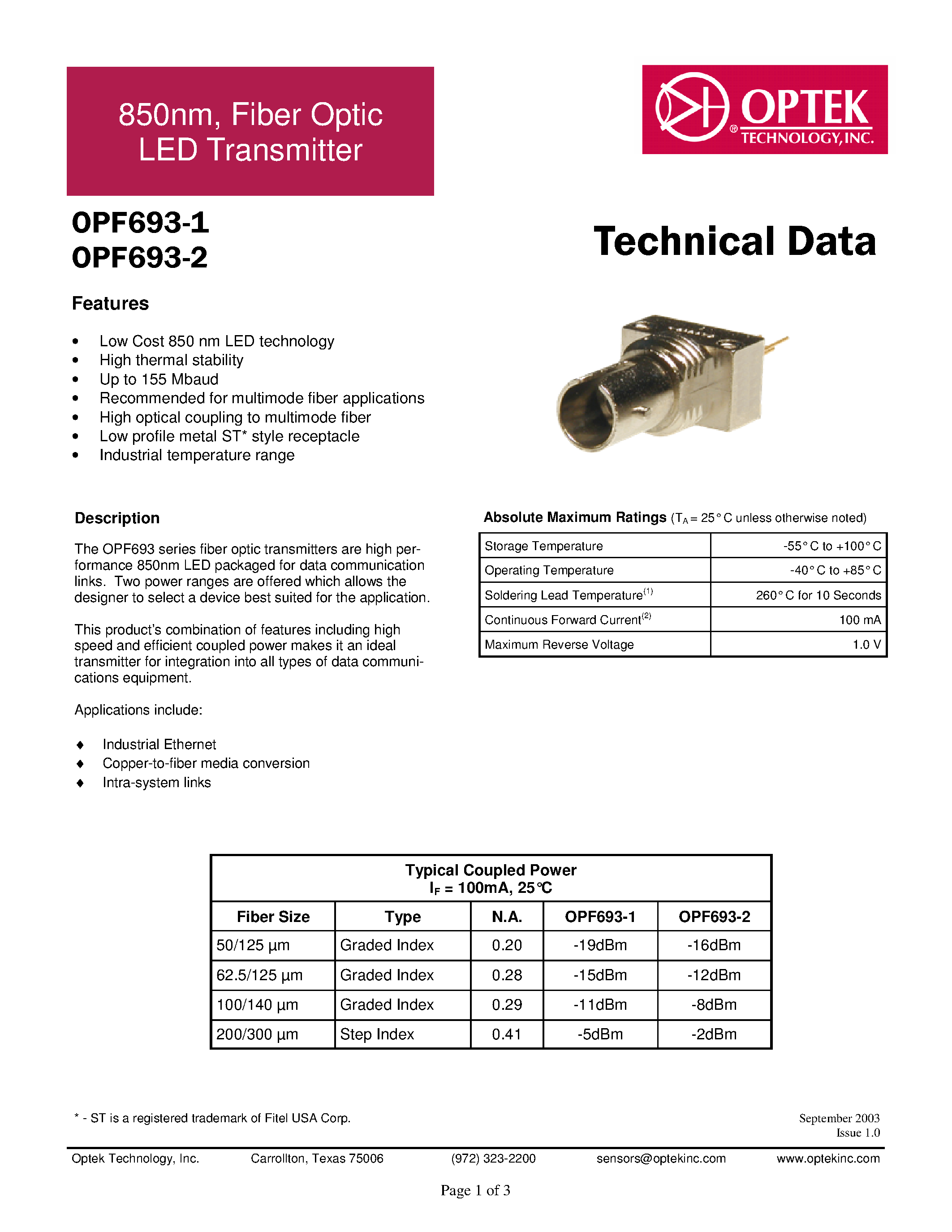 Datasheet OPF693-1 - 850nm / Fiber Optic LED Transmitter page 1
