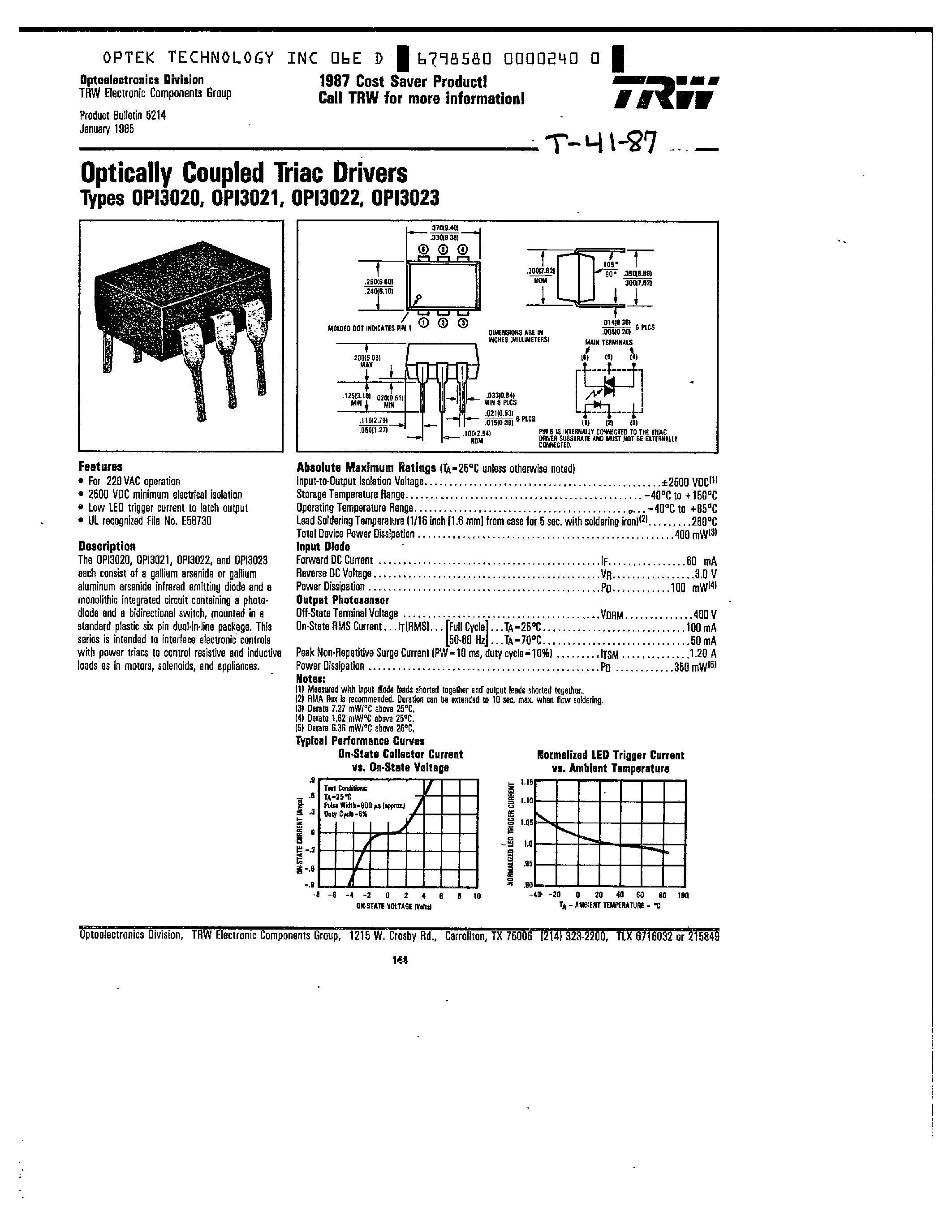 Datasheet OPI3023 - OPTICALLY COUPLED TRIAC DRIVERS page 1