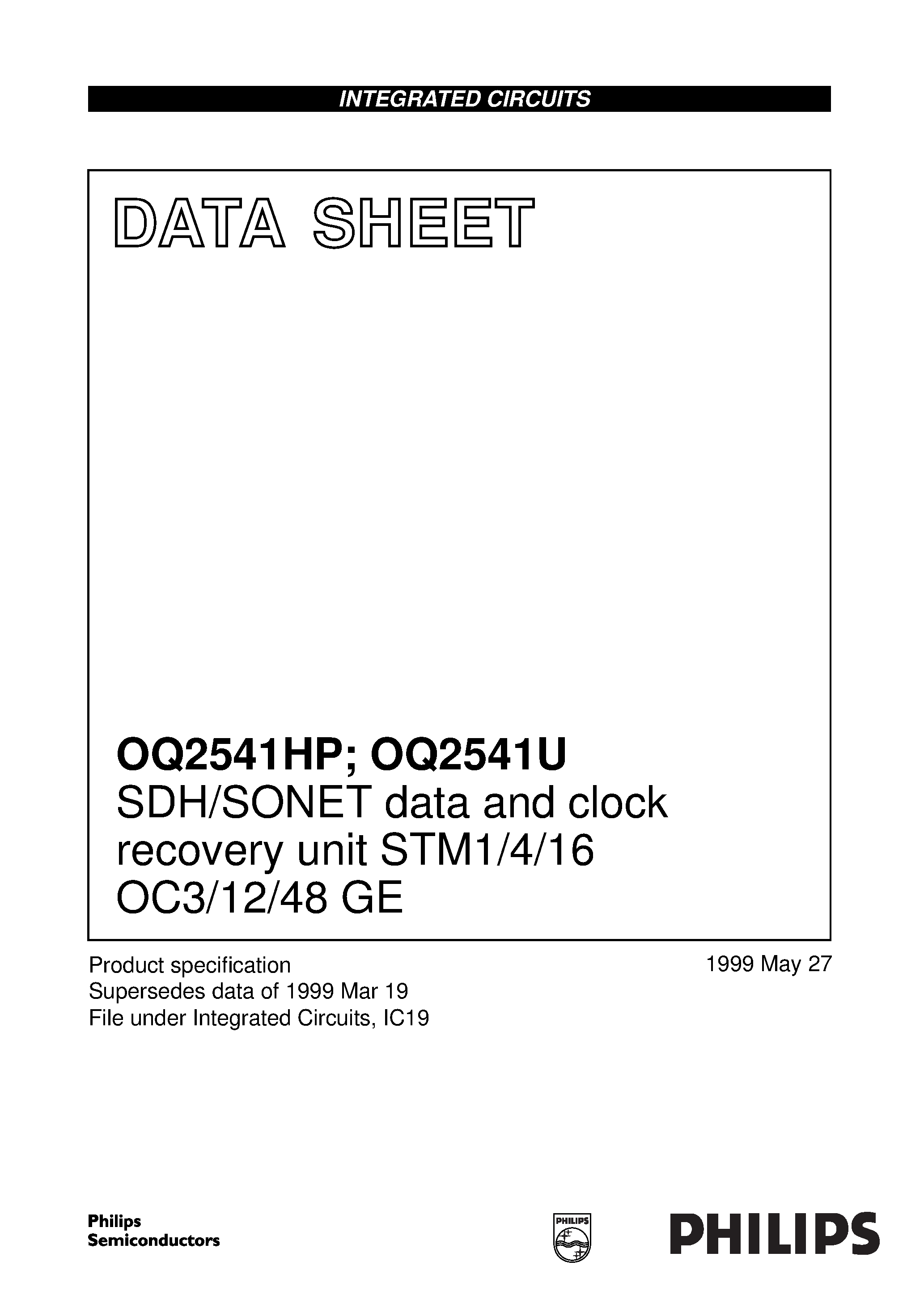 Datasheet OQ2541HP - SDH/SONET data and clock recovery unit STM1/4/16 OC3/12/48 GE page 1