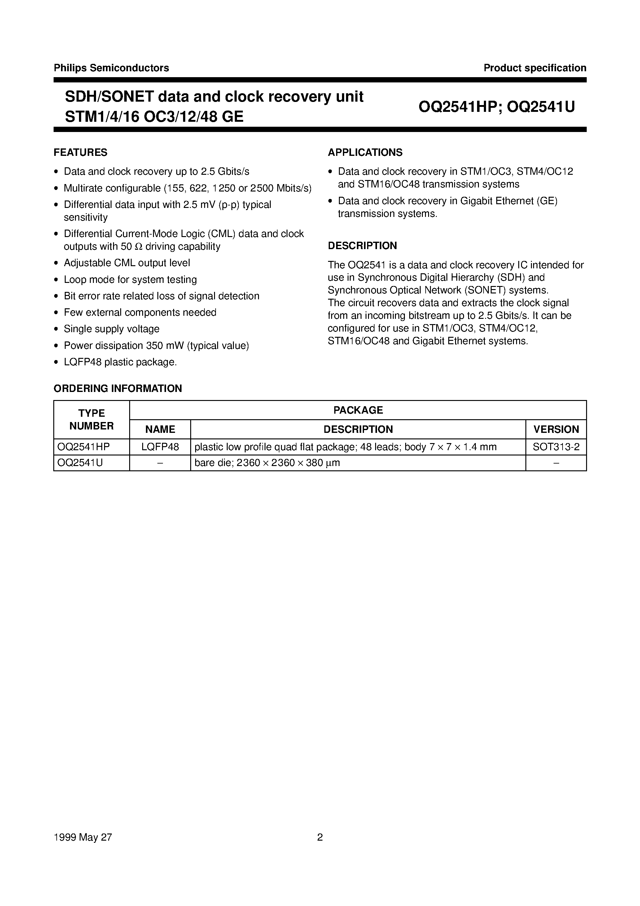 Datasheet OQ2541HP - SDH/SONET data and clock recovery unit STM1/4/16 OC3/12/48 GE page 2