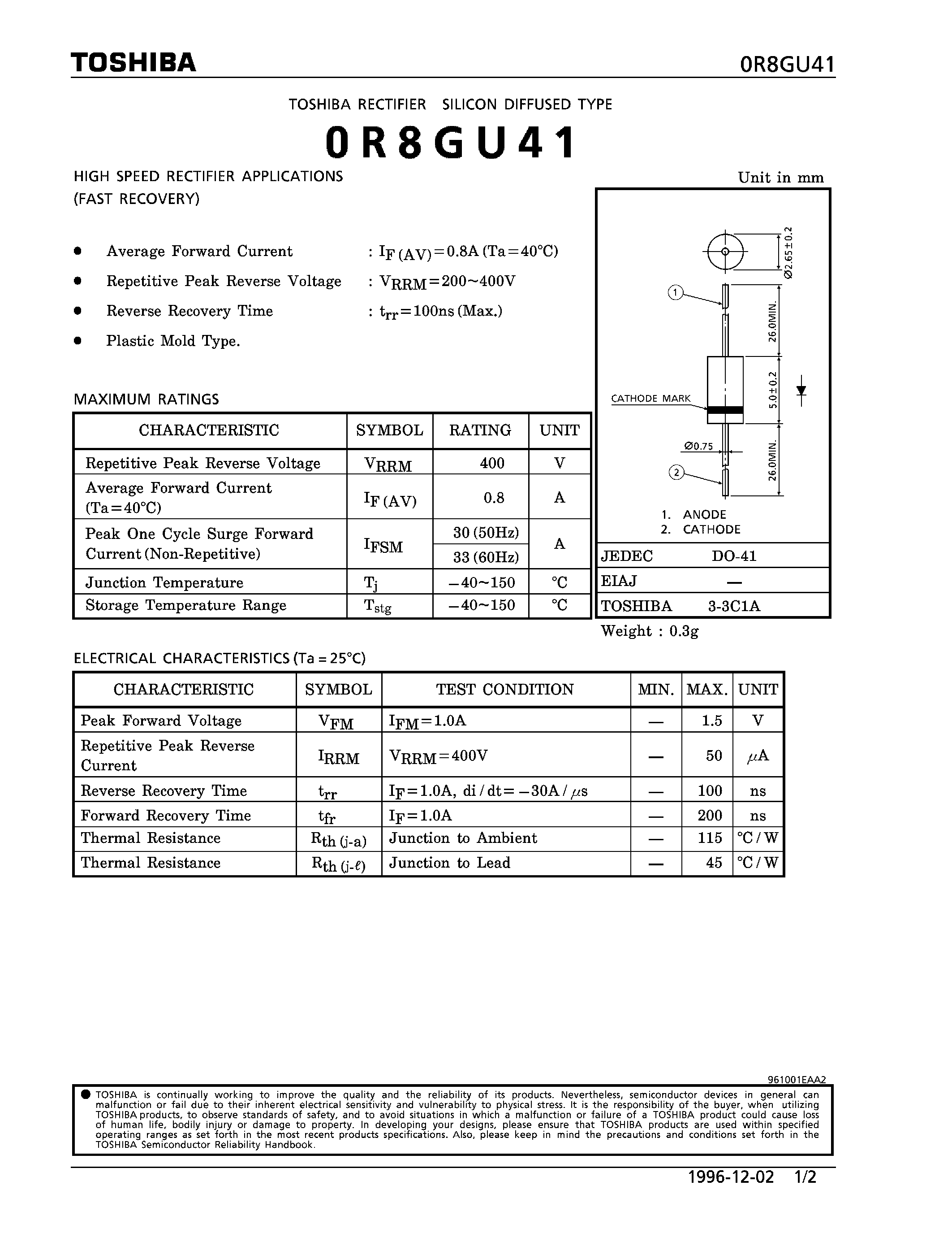 Даташит OR8GU41 - DIFFUSED TYPE (HIGH SPEED RECTIFIER APPLICATIONS) страница 1