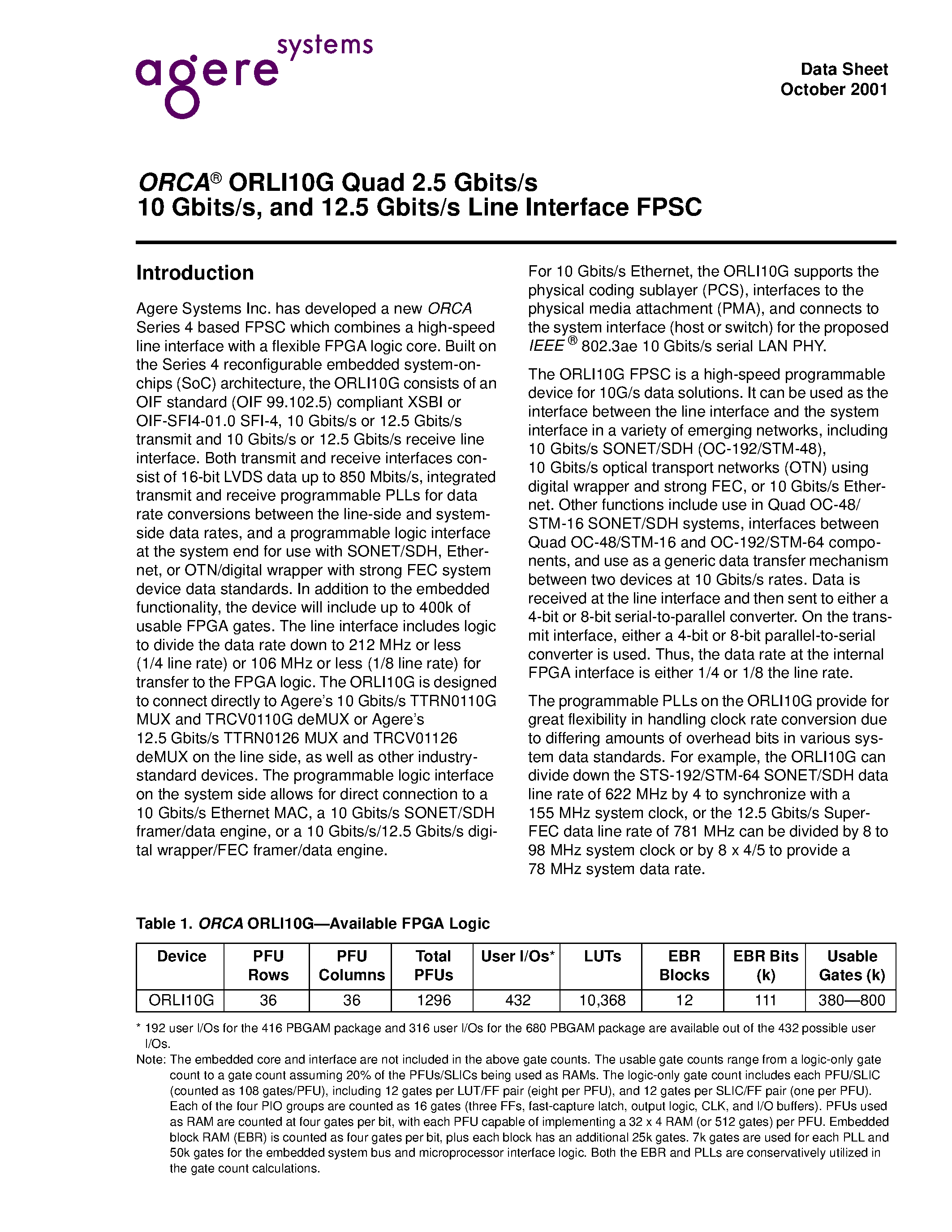 Datasheet ORLI10G - Quad 2.5 Gbits/s 10 Gbits/s / and 12.5 Gbits/s Line Interface FPSC page 1