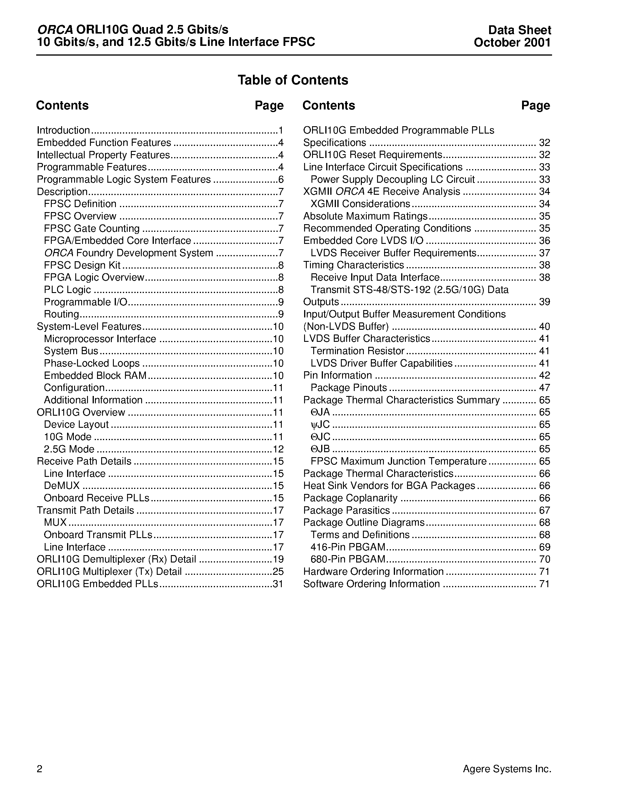 Datasheet ORLI10G - Quad 2.5 Gbits/s 10 Gbits/s / and 12.5 Gbits/s Line Interface FPSC page 2