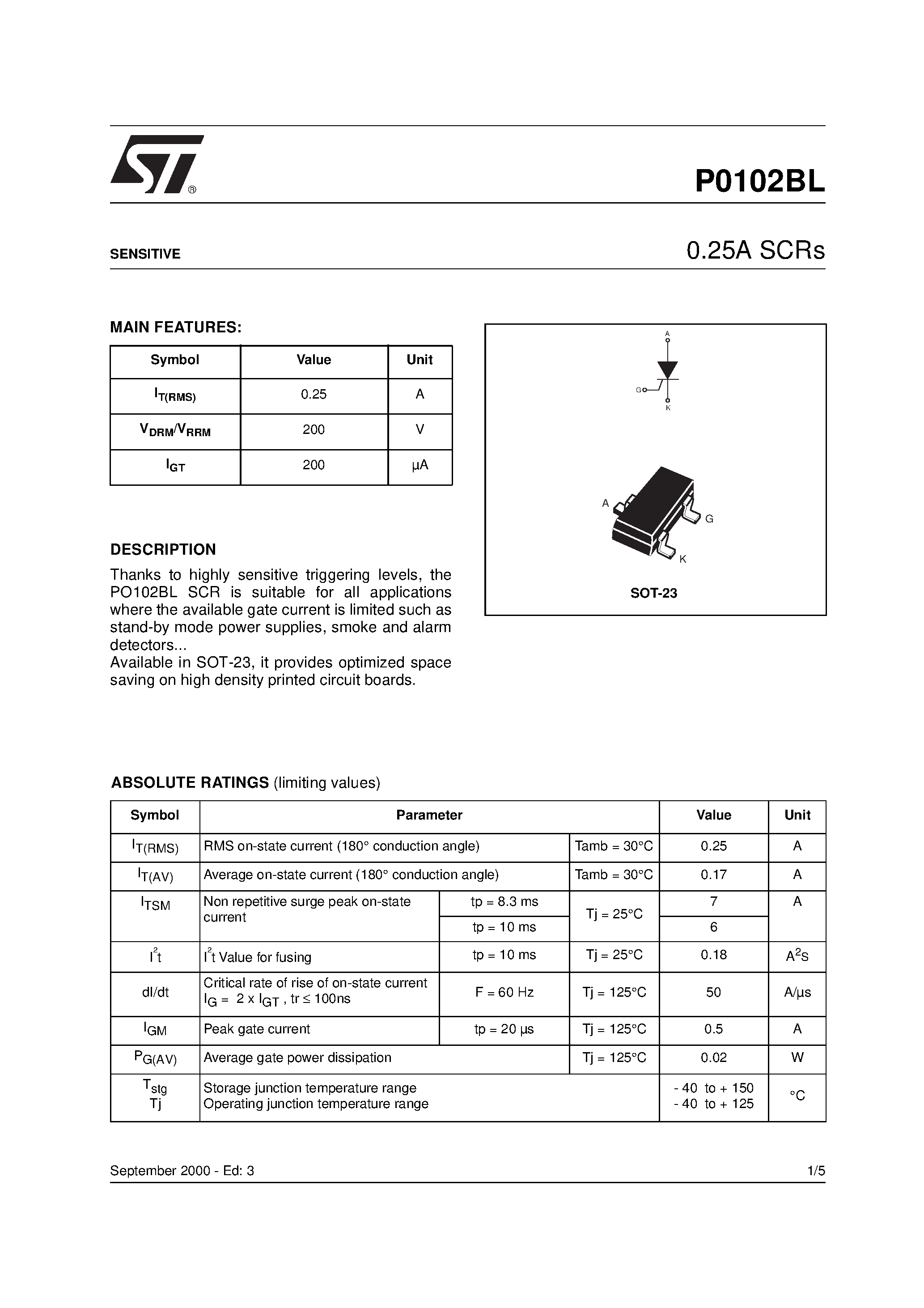 Datasheet P0102BL - 0.25A SCRs page 1
