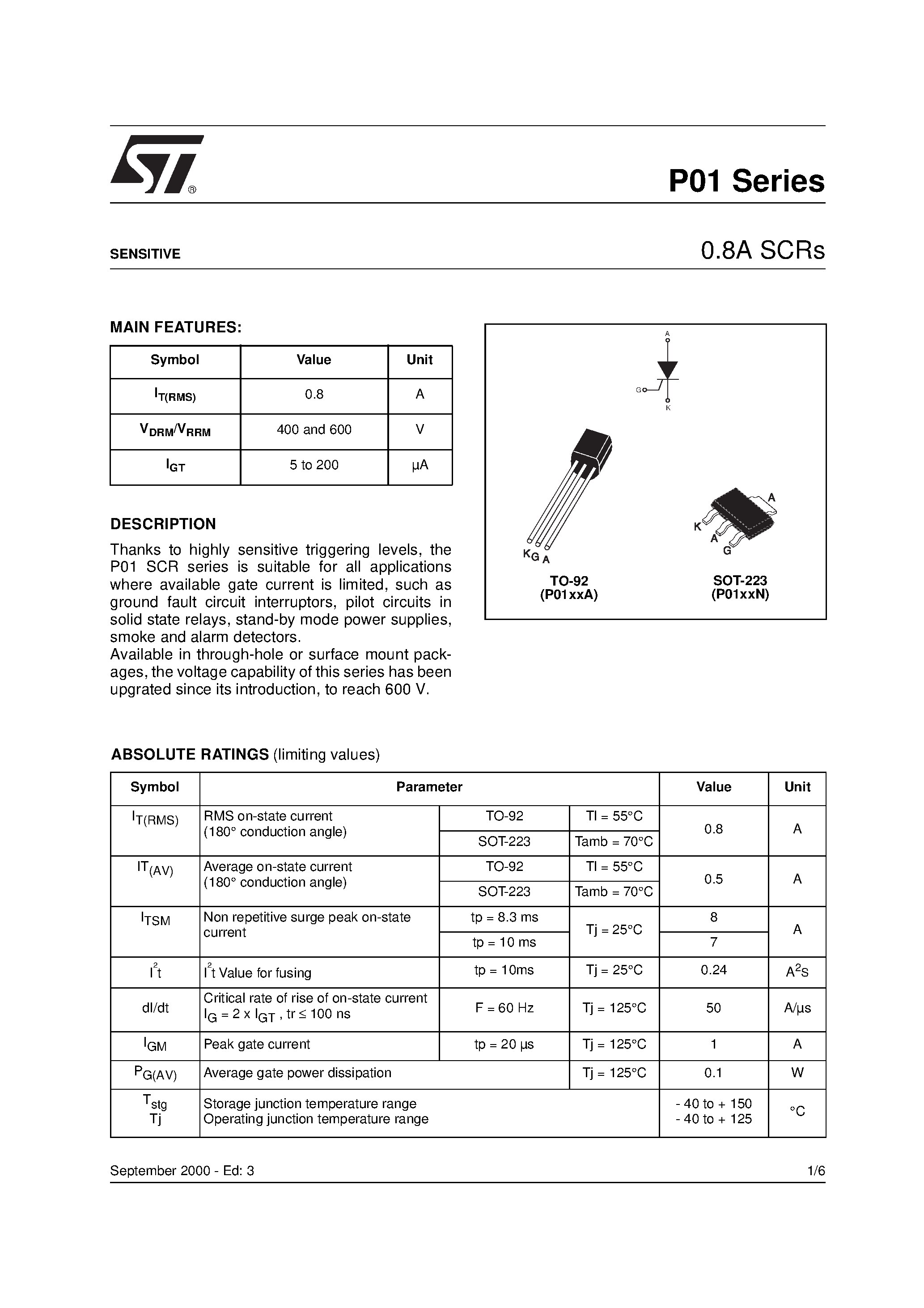 Datasheet P0118MA5AA4 - 0.8A SCRs page 1