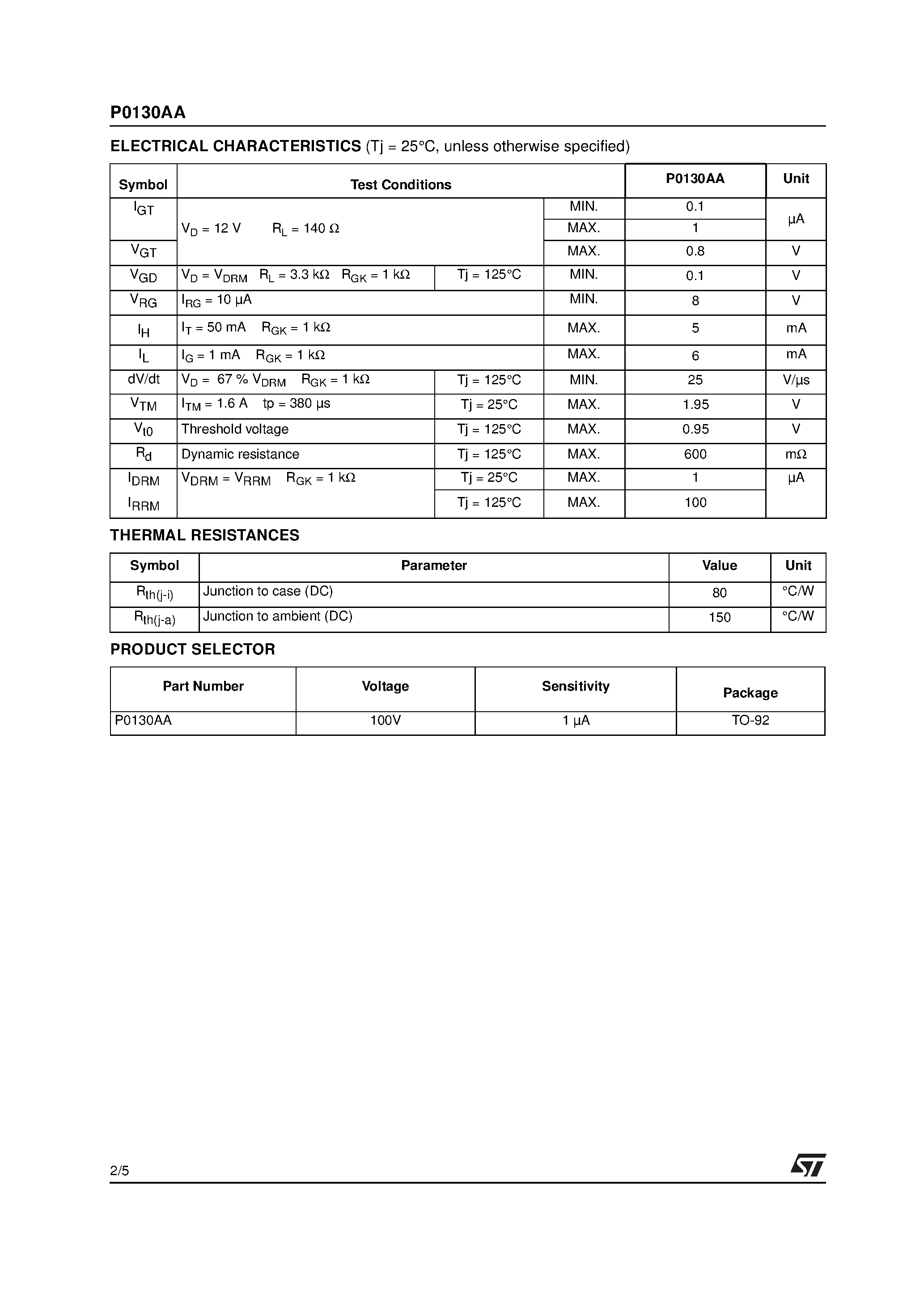 Datasheet P0130AA - 0.8A SCRs page 2
