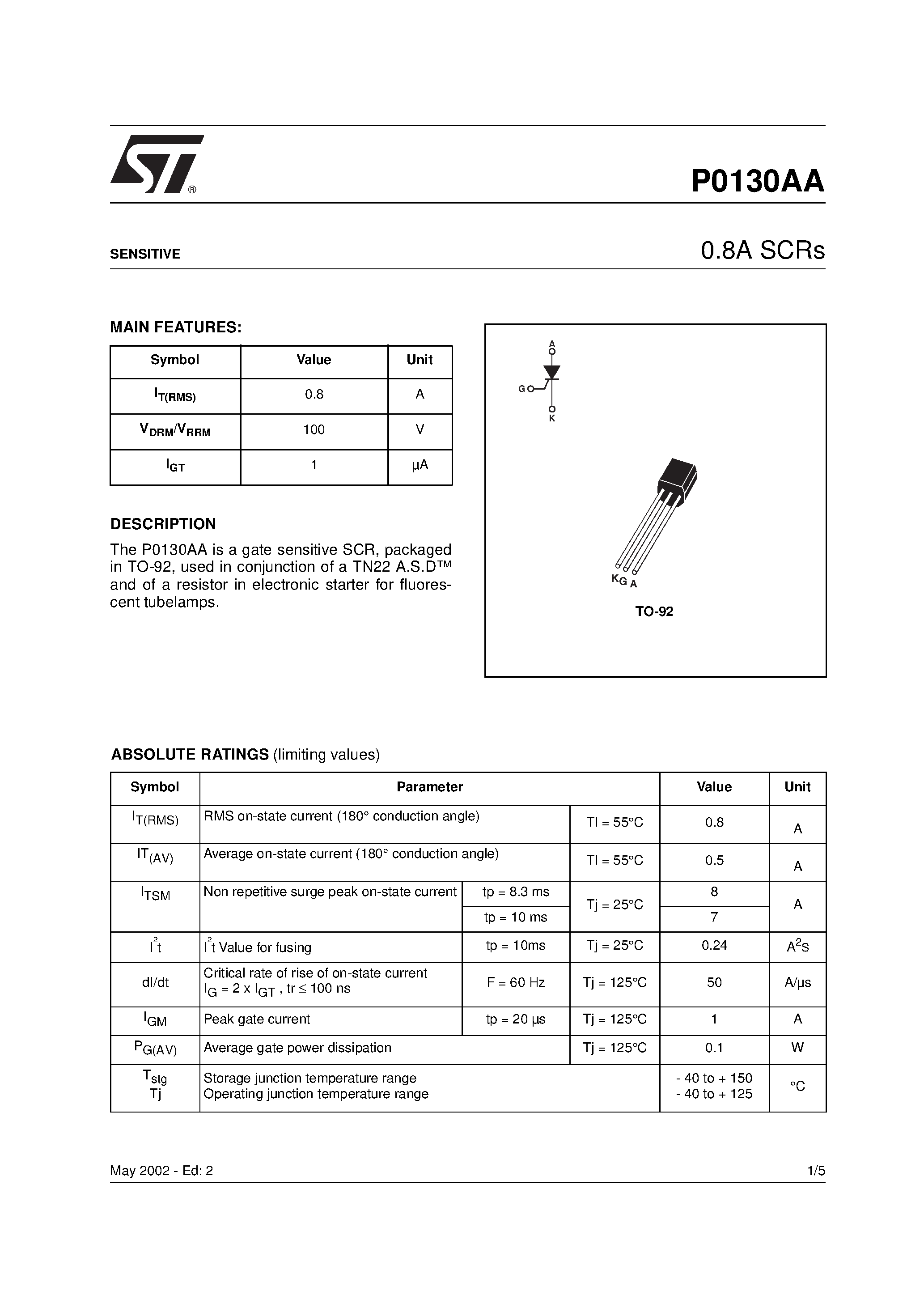 Datasheet P0130AA2AL3 - 0.8A SCRs page 1