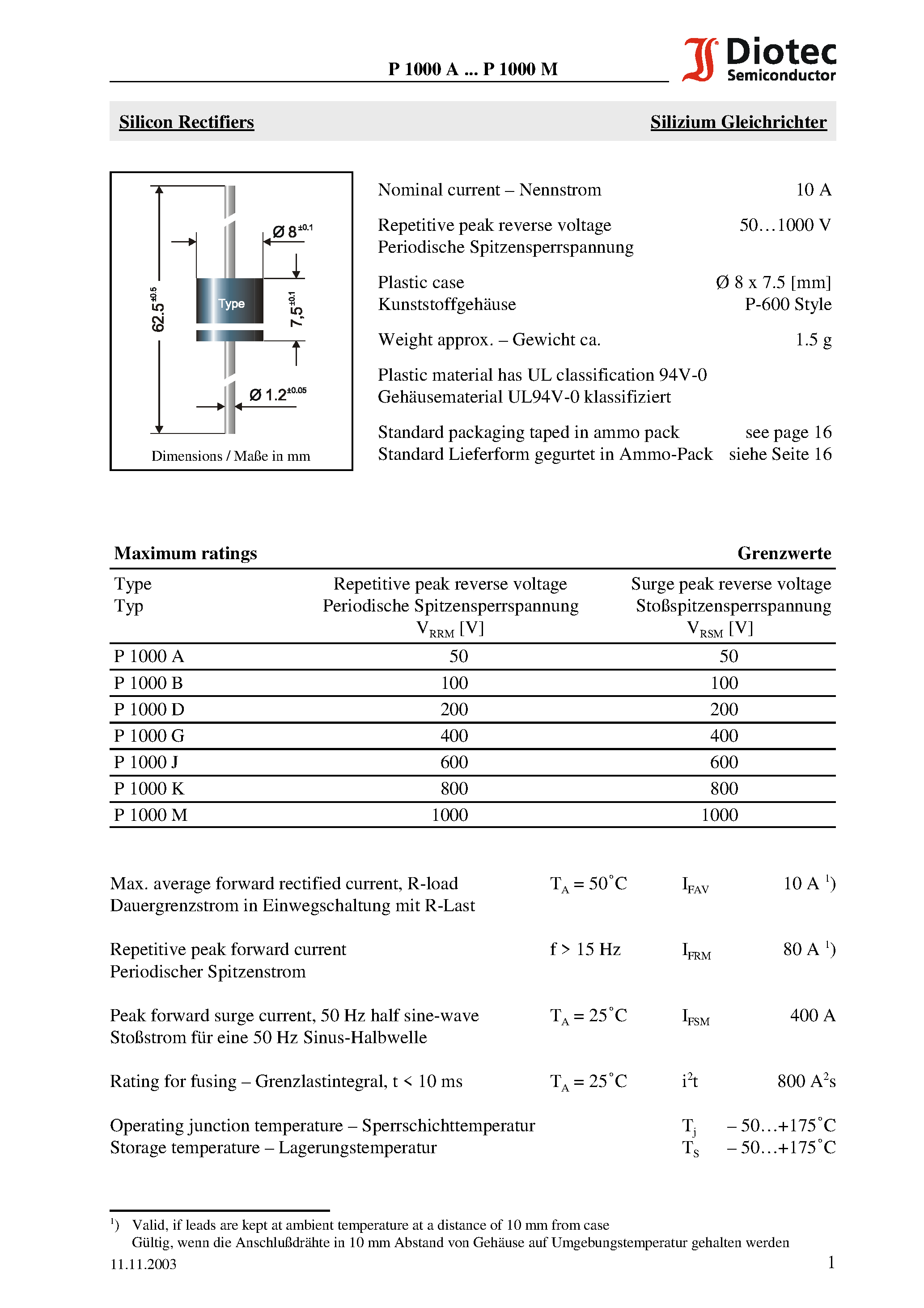 Datasheet P1000A page 1 Datasheet P1000A - Silicon Rectifiers page 1