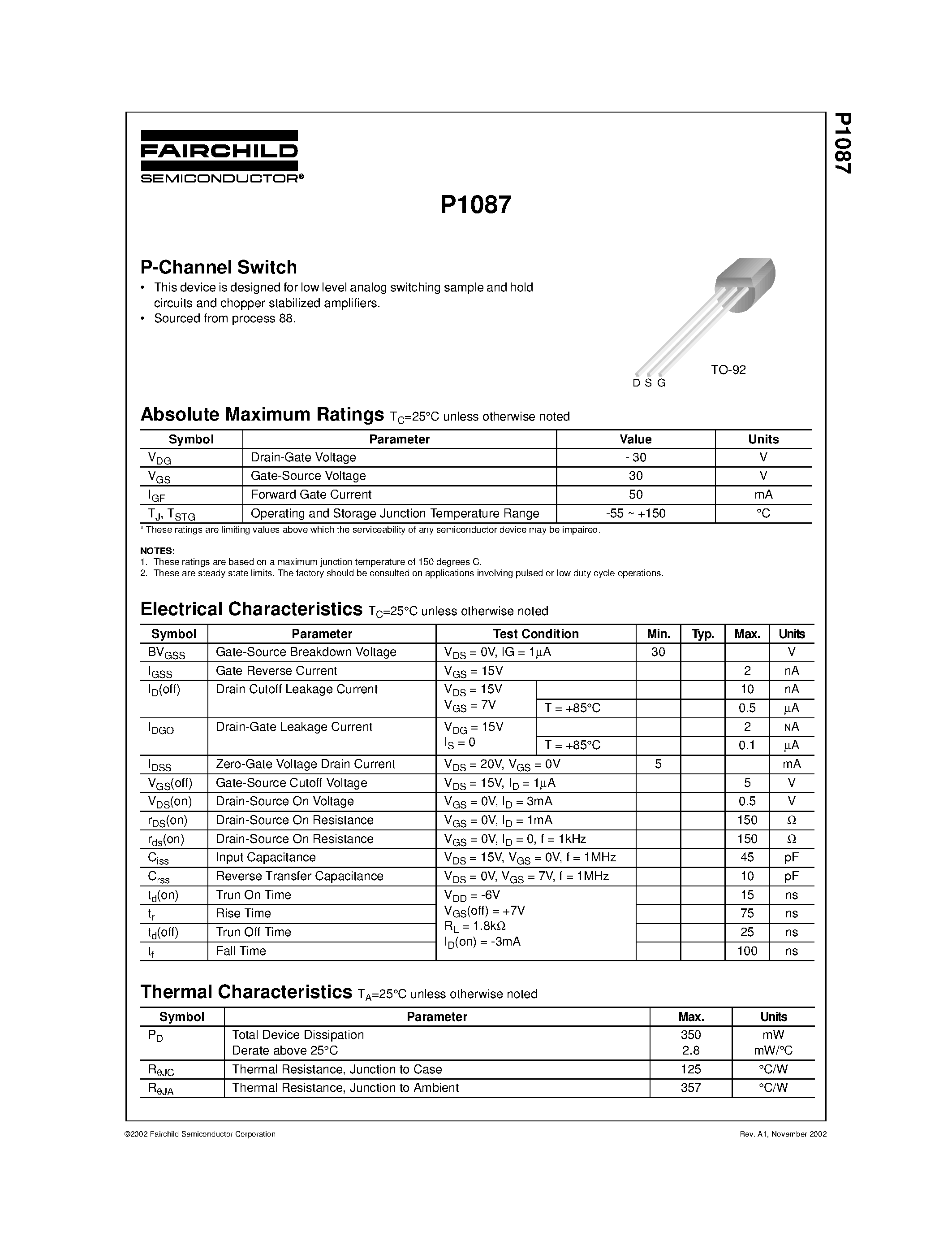 Datasheet P1087 - P-Channel Switch page 1