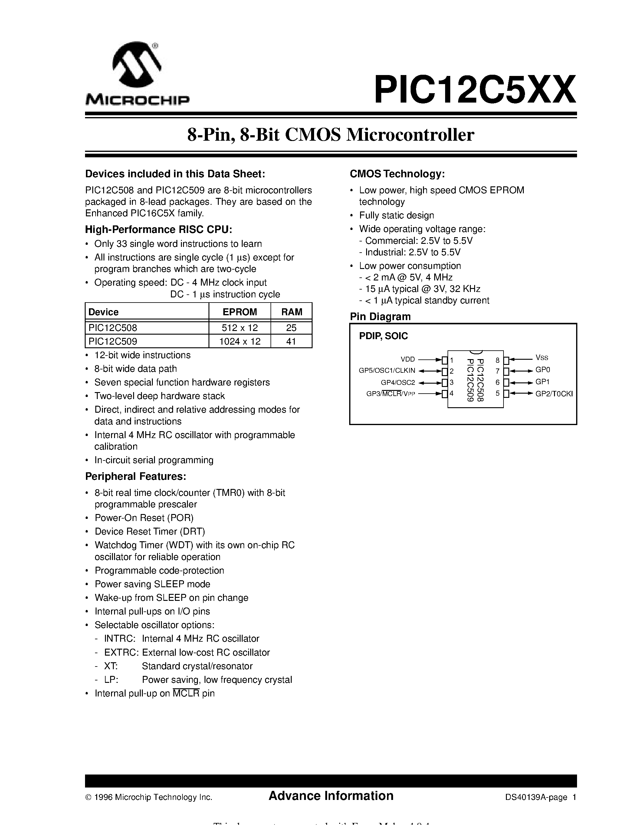 Datasheet P12C508 - 8-Pin / 8-Bit CMOS Microcontroller page 1