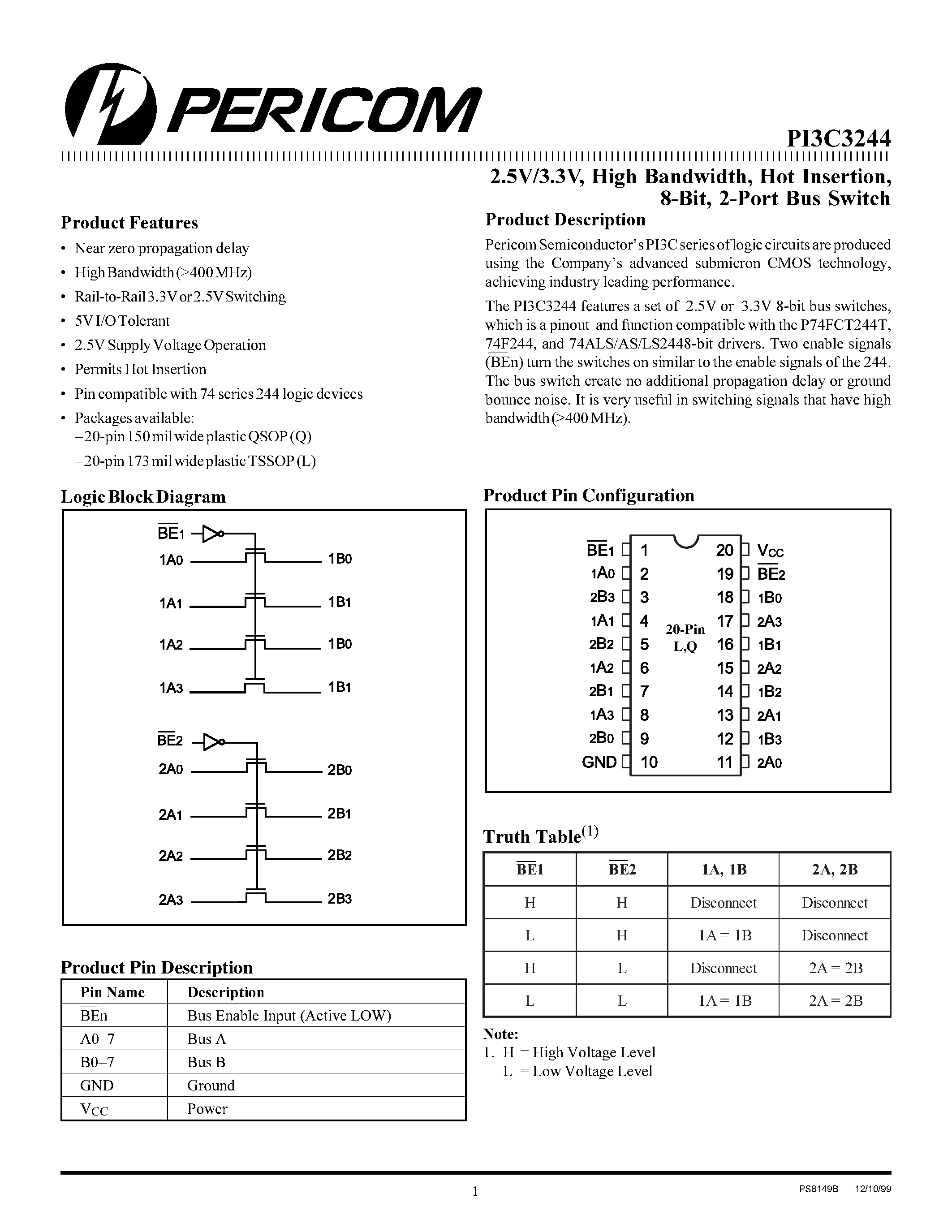 Datasheet P13C3244L - 2.5V/3.3V / High Bandwidth / Hot Insertion / 8-Bit / 2-Port Bus Switch page 1
