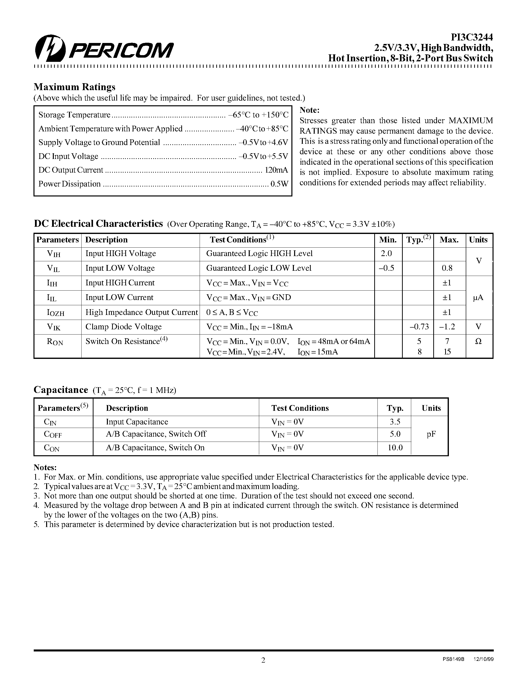 Datasheet P13C3244L - 2.5V/3.3V / High Bandwidth / Hot Insertion / 8-Bit / 2-Port Bus Switch page 2