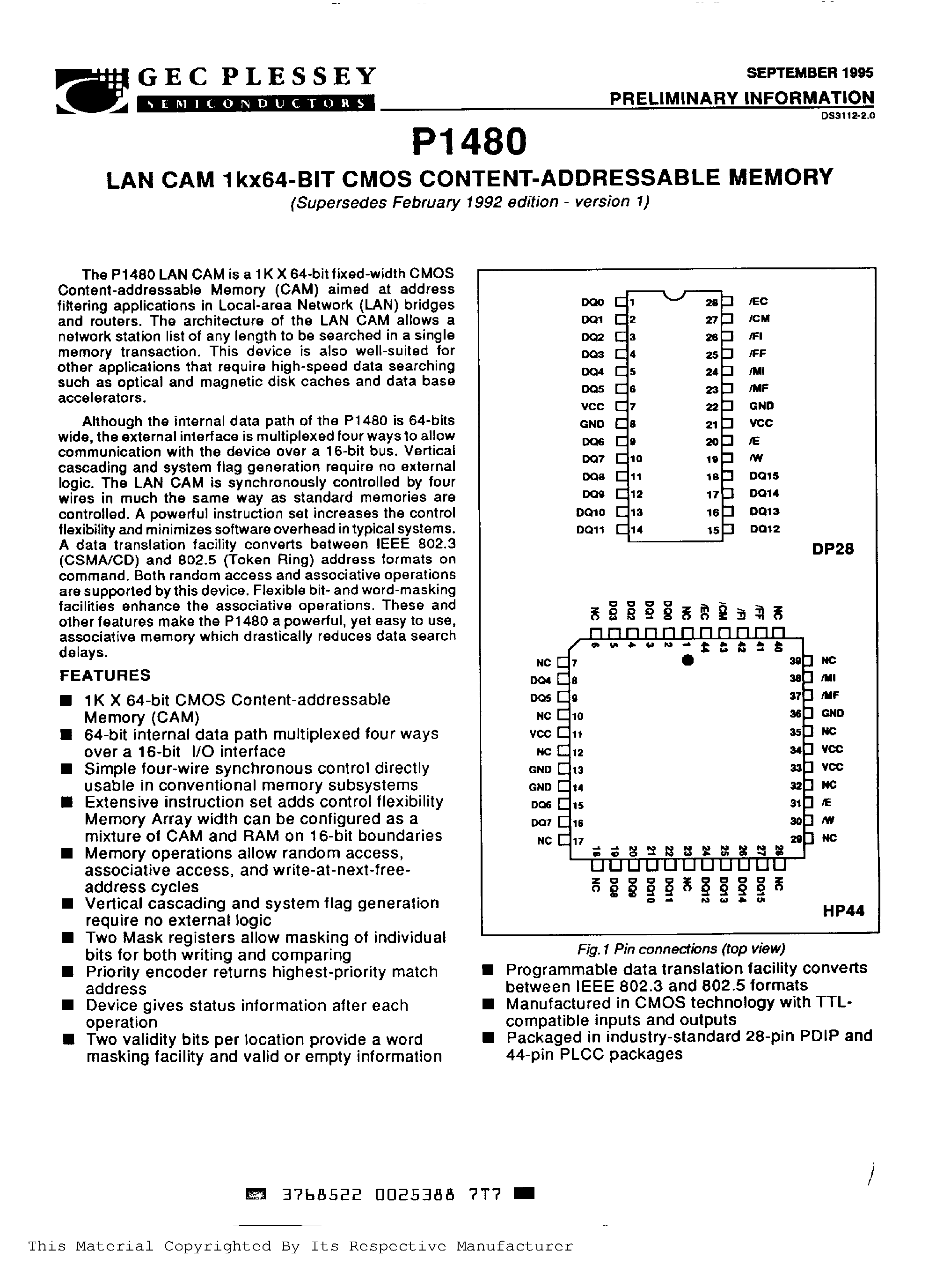 Datasheet P1480 - LAN CAM 1KX64 BIT CMOS CONTENT ADDRESSABLE MEMORY page 2
