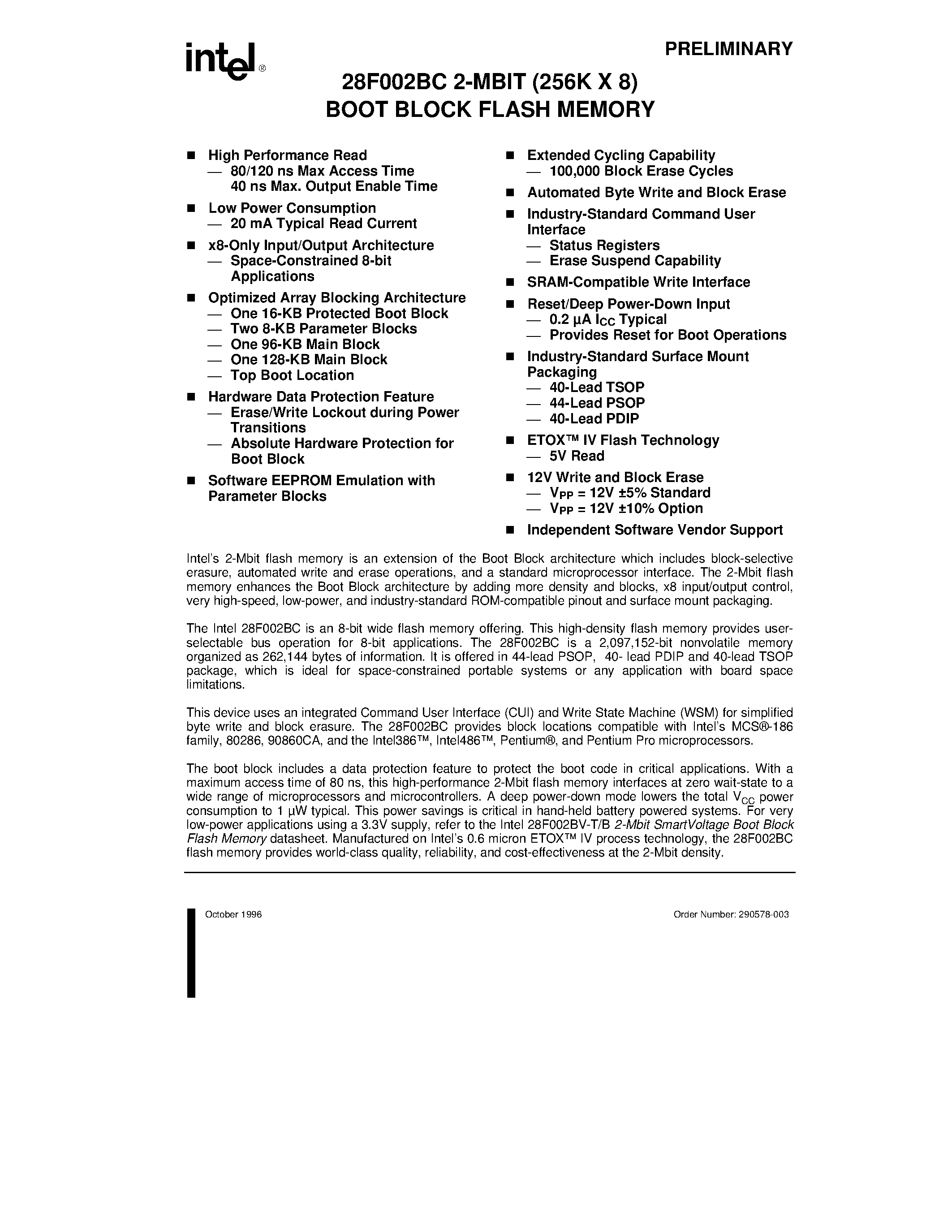 Datasheet P28F002BC-T120 page 1 Datasheet P28F002BC-T120 - 28F002BC 2-MBIT (256K X 8) BOOT BLOCK FLASH MEMORY page 1