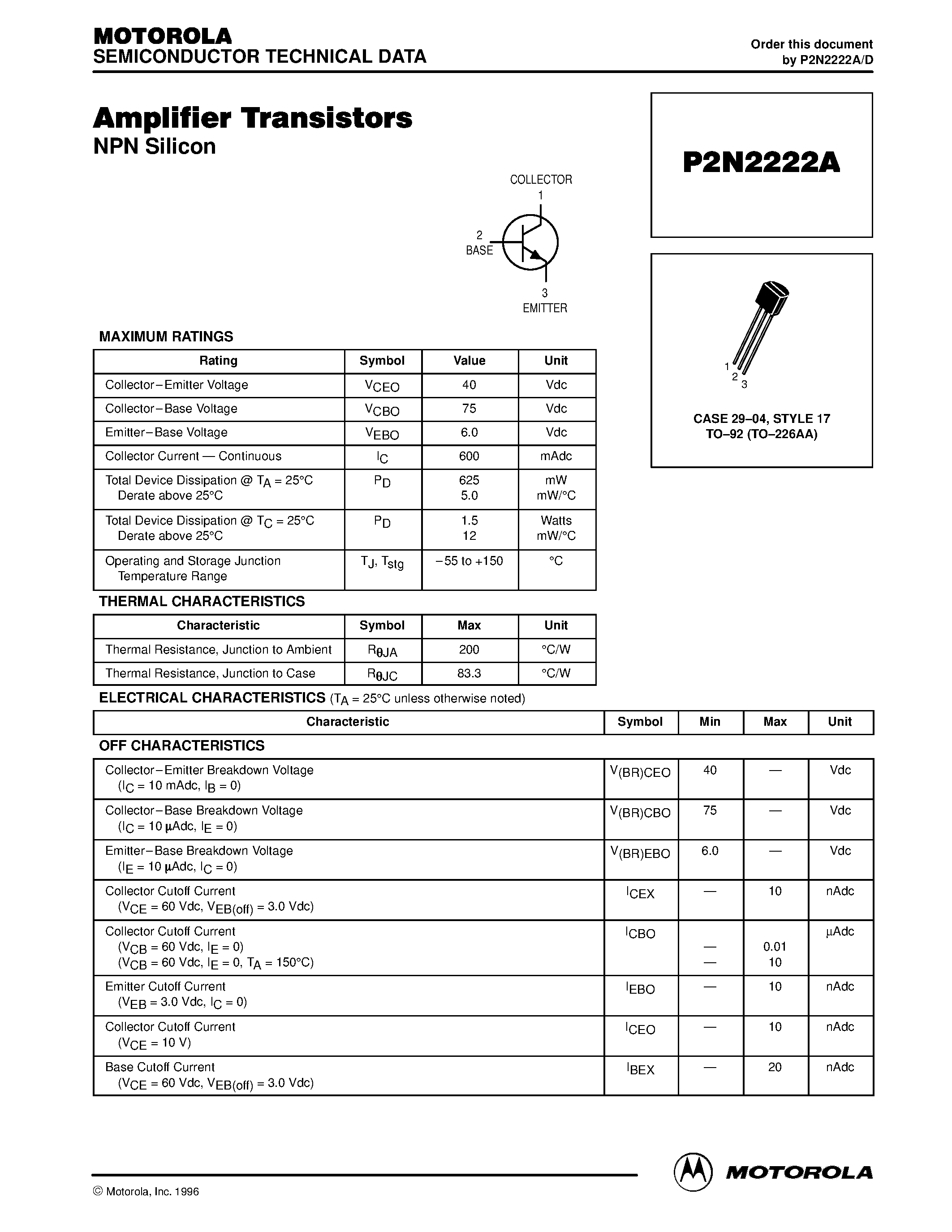 Datasheet P2N2222A - Amplifier Transistors page 1